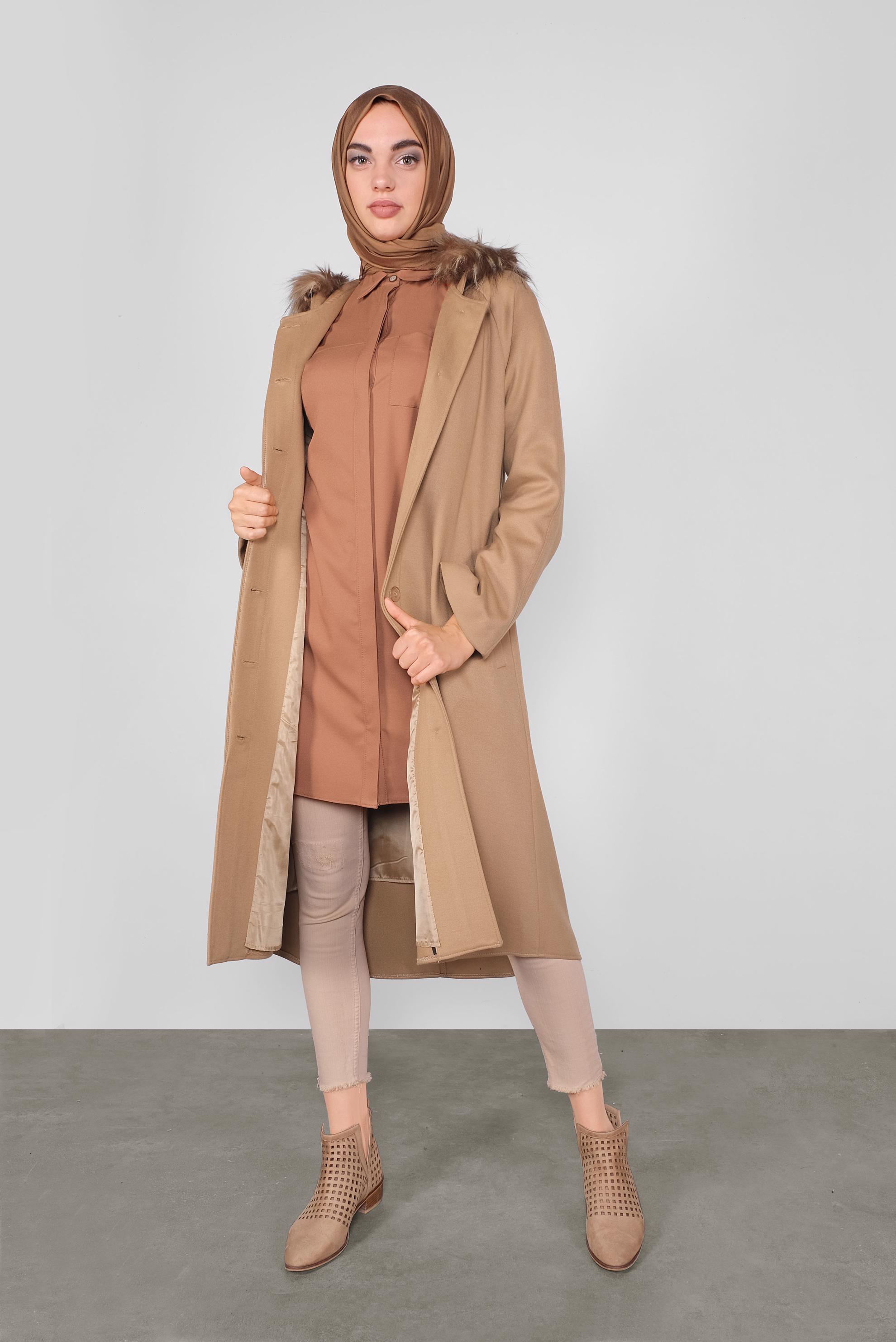 Tesettür giyim KAHVE KAPÜŞONLU KABAN 90084 