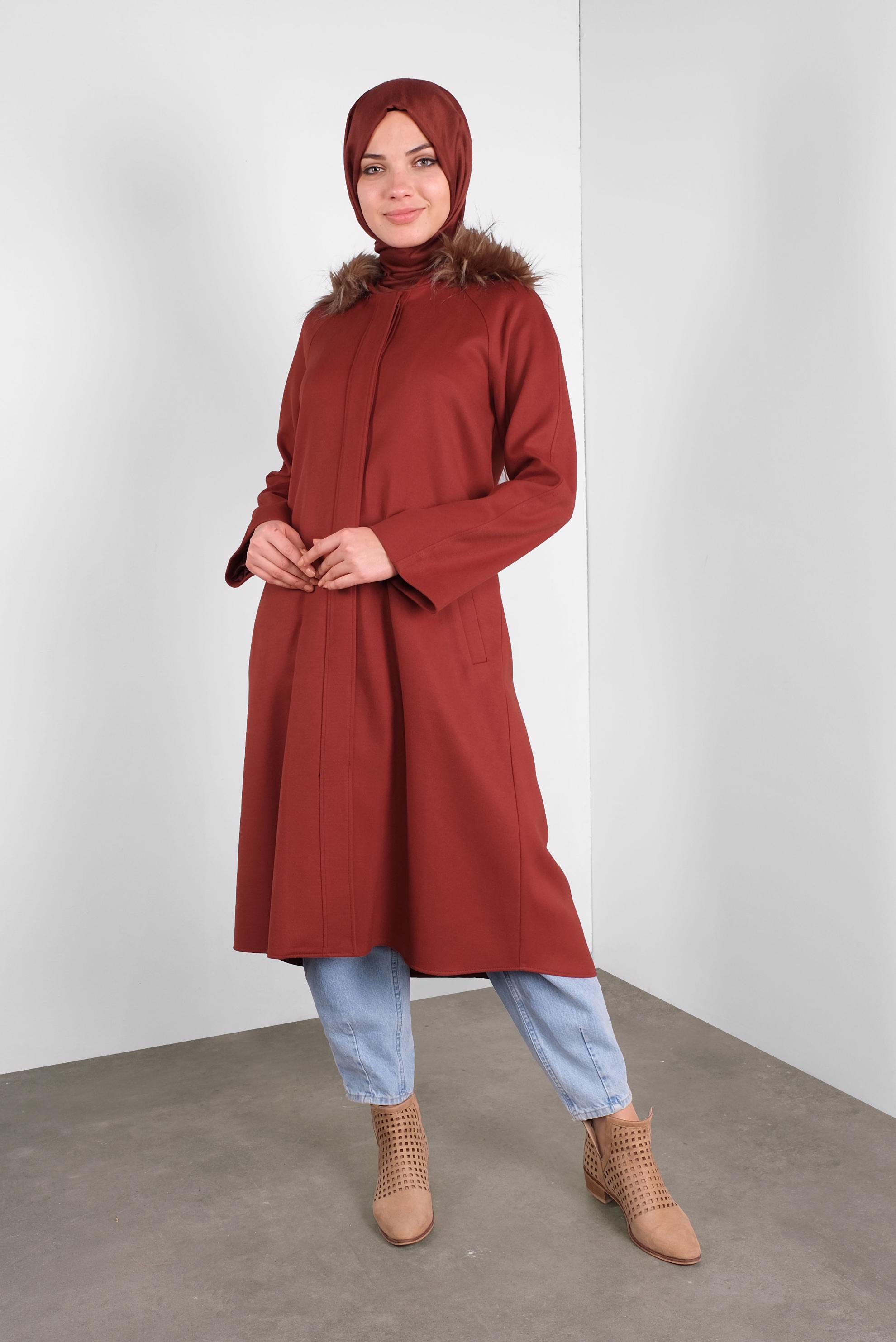 Tesettür giyim TURUNCU KAPÜŞONLU KABAN 90084 