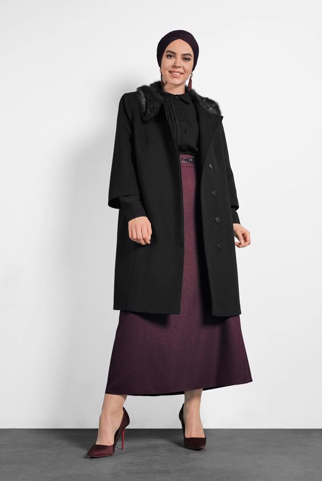 Vêtements hijab NOIR CABAN DÉTAILLÉ FOURRURE MANCHES À TROIS-QUART 90086  - ALVİNA