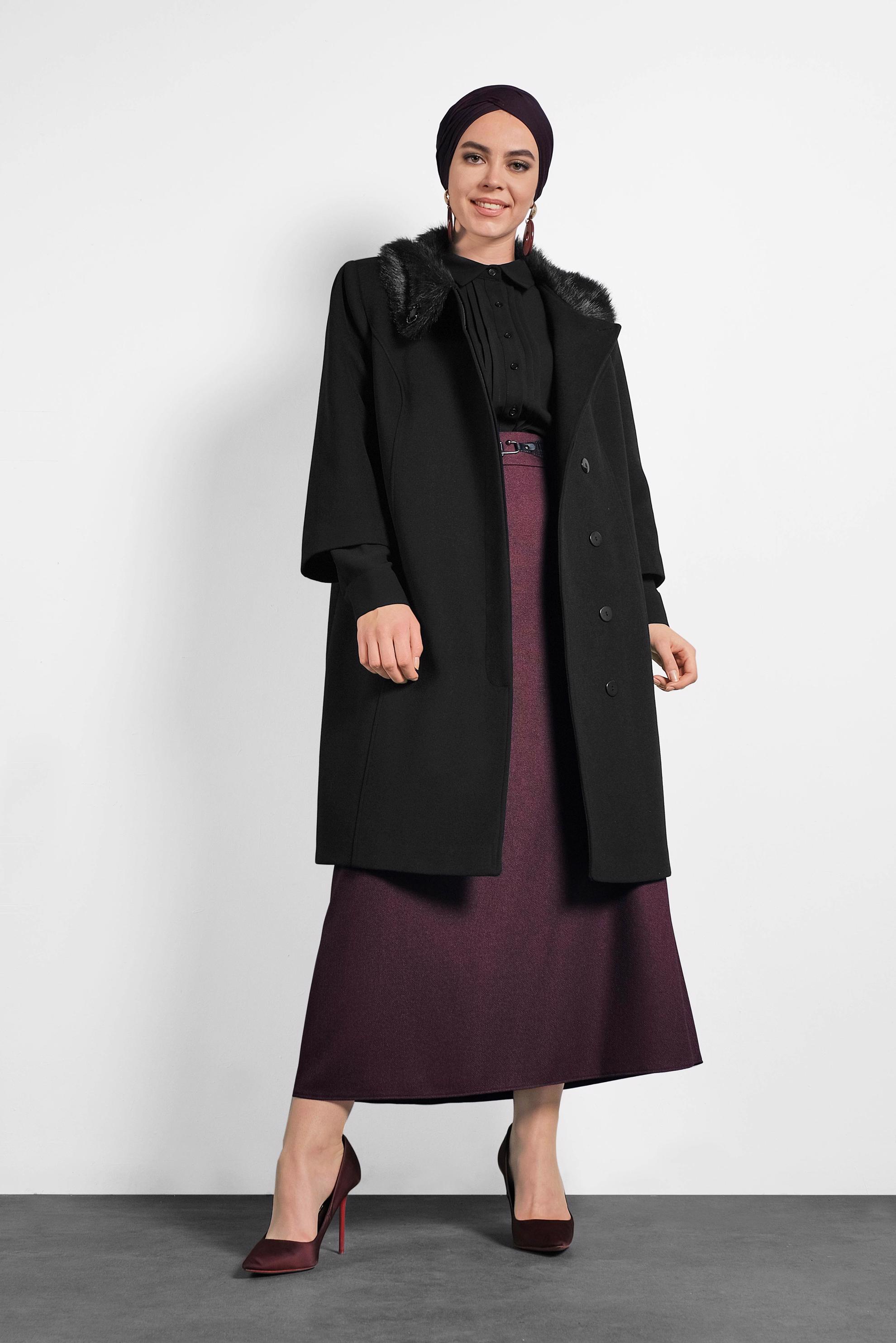 Vêtements hijab NOIR CABAN DÉTAILLÉ FOURRURE MANCHES À TROIS-QUART 90086 