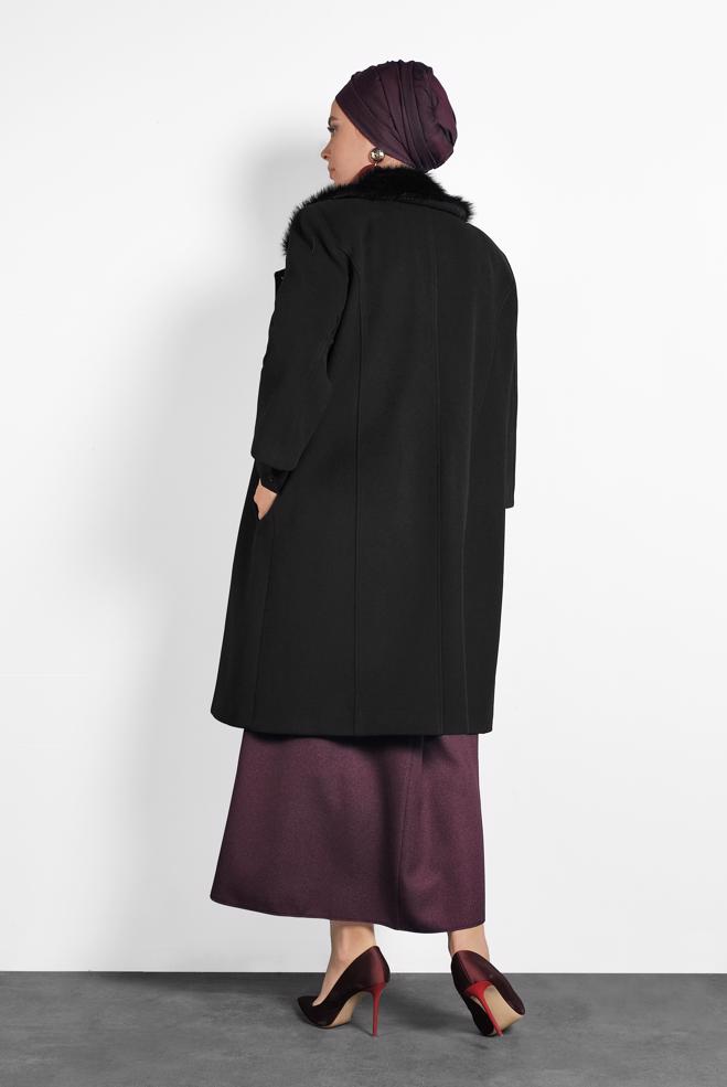 Vêtements hijab NOIR CABAN DÉTAILLÉ FOURRURE MANCHES À TROIS-QUART 90086  - ALVİNA