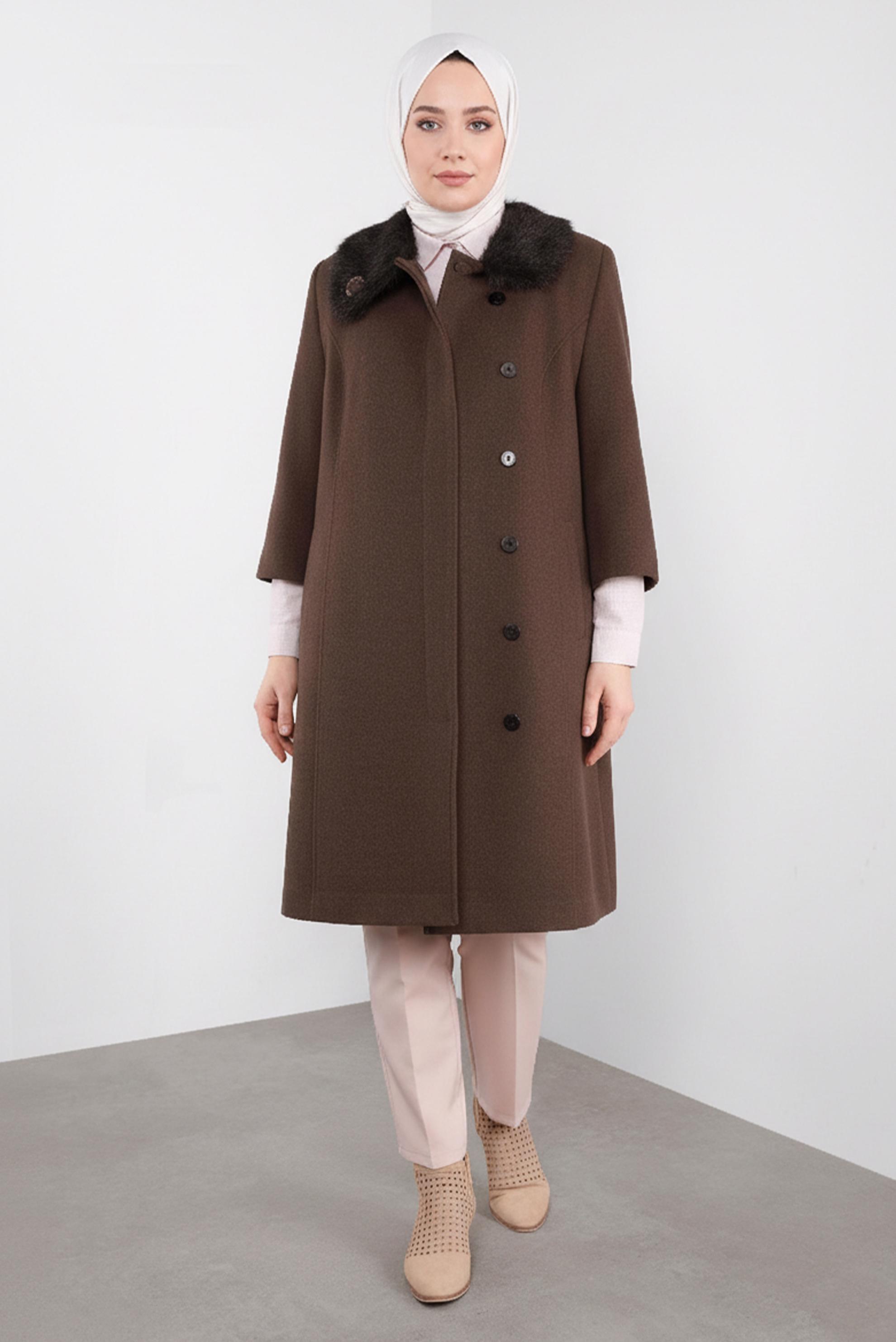 Tesettür giyim KAHVE TRUVAKAR KOL KÜRKLÜ KABAN 90086 