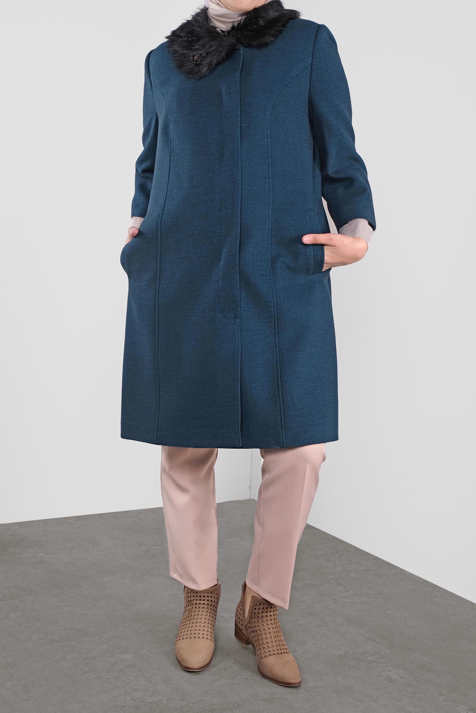 Tesettür giyim MAVİ TRUVAKAR KOL KÜRKLÜ KABAN 90086 