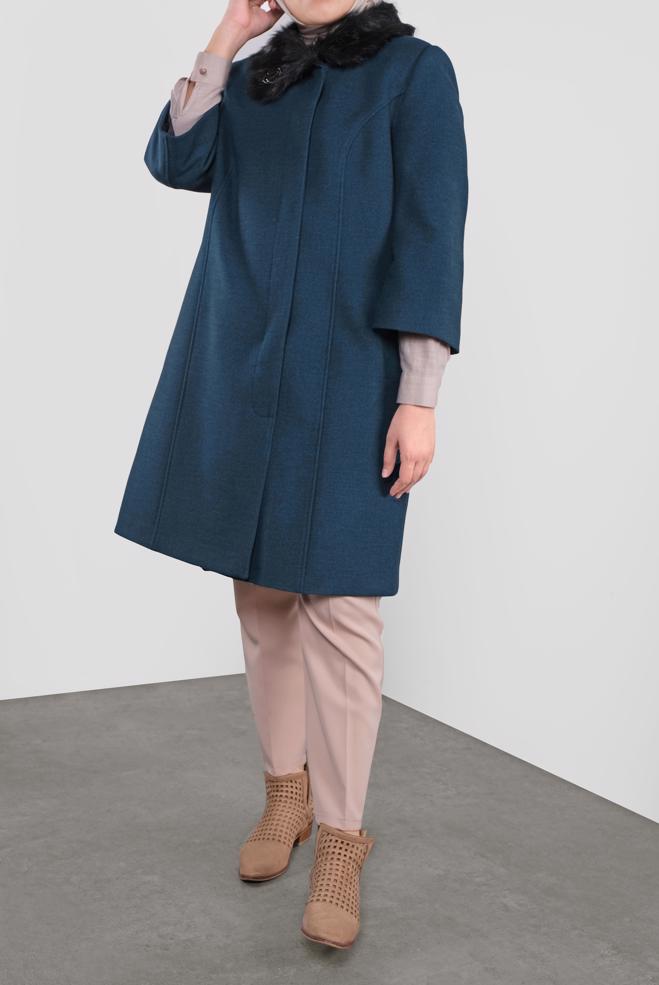 Tesettür giyim MAVİ TRUVAKAR KOL KÜRKLÜ KABAN 90086  - ALVİNA