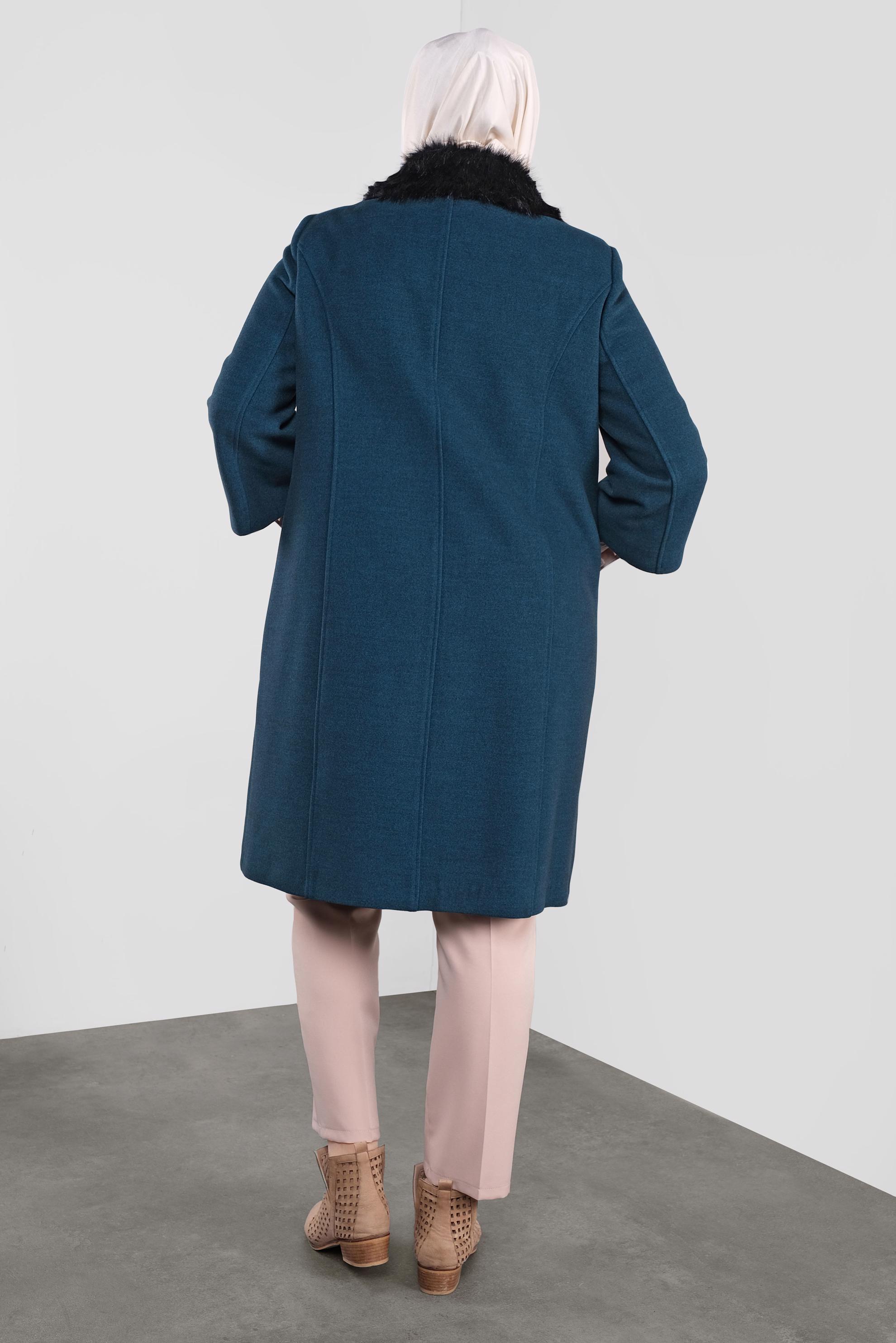 Tesettür giyim MAVİ TRUVAKAR KOL KÜRKLÜ KABAN 90086 