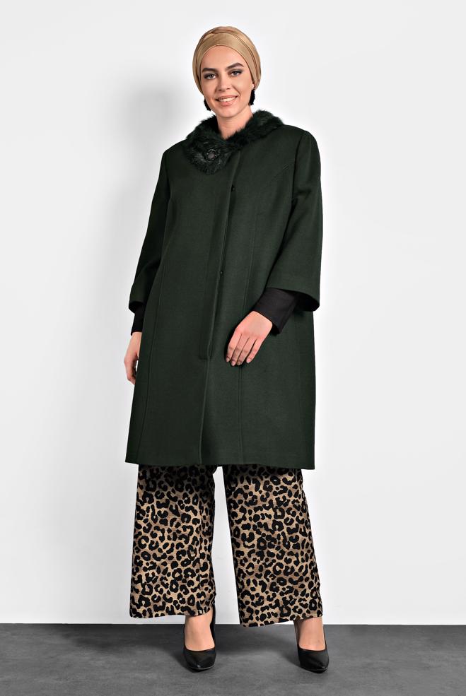 Vêtements hijab KAKI CABAN DÉTAILLÉ FOURRURE MANCHES À TROIS-QUART 90086  - ALVİNA