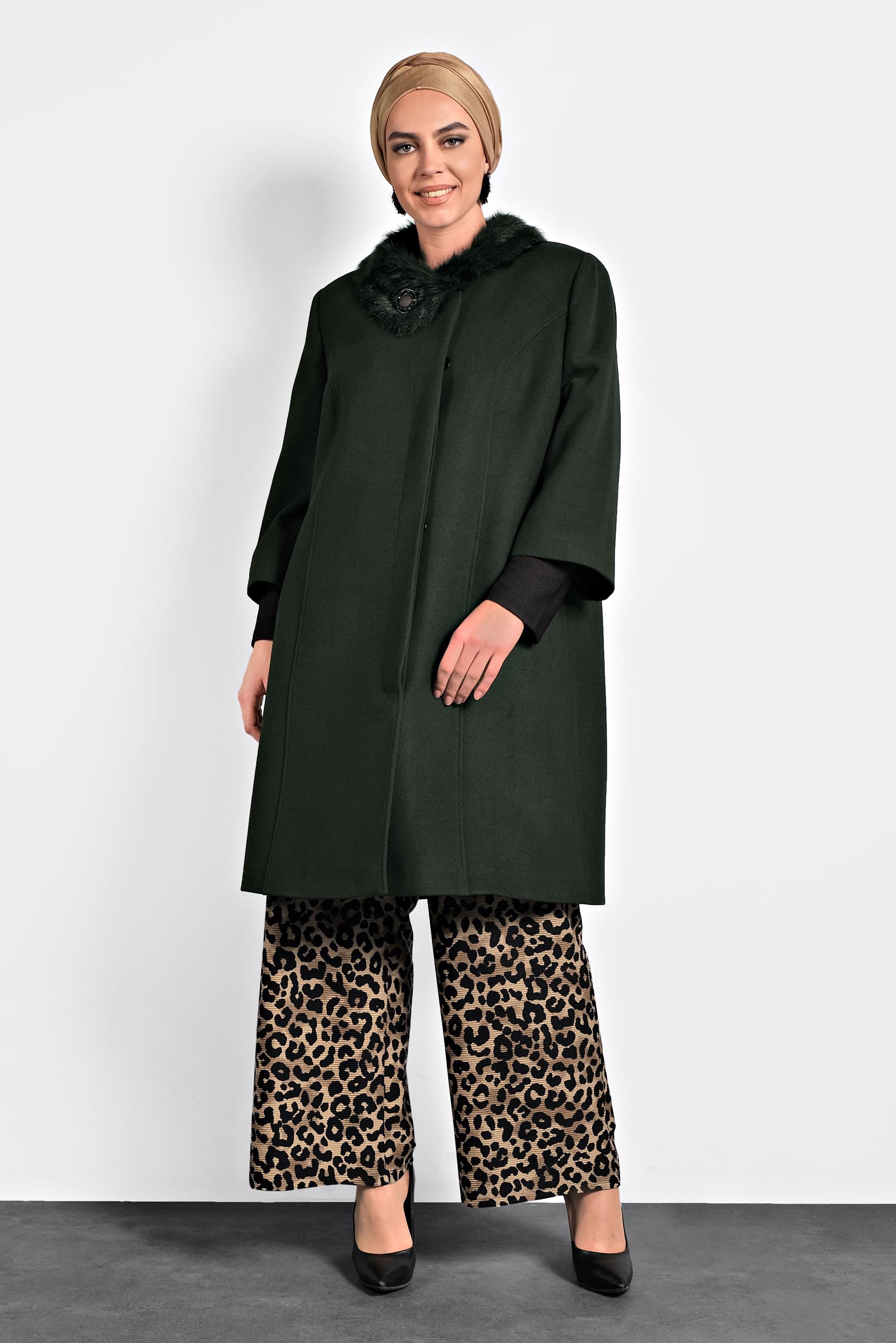 Hijab clothing KHAKI THREE-QUARTER SLEEVED FUR DETAILED COAT 90086 