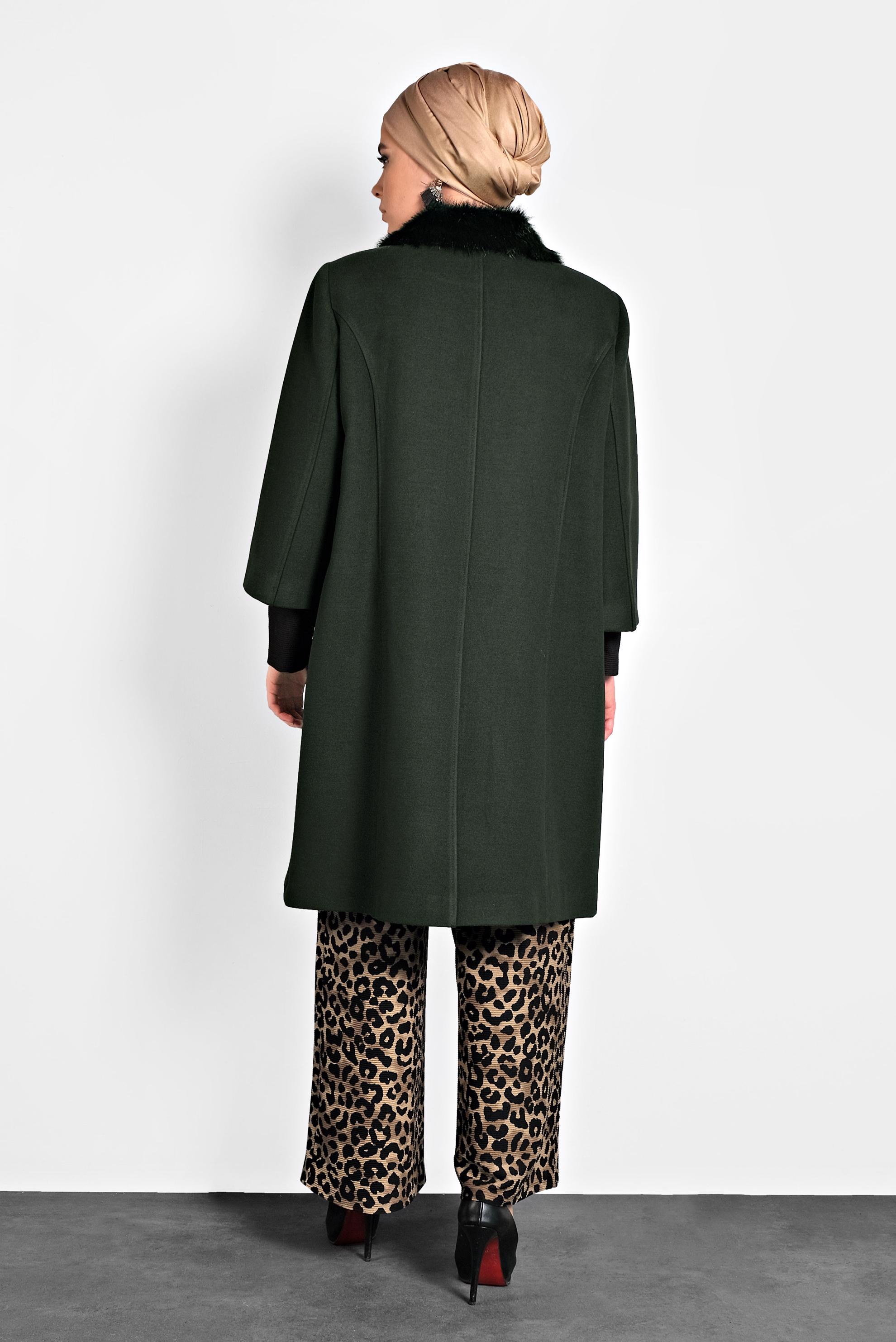 Hijab clothing KHAKI THREE-QUARTER SLEEVED FUR DETAILED COAT 90086 