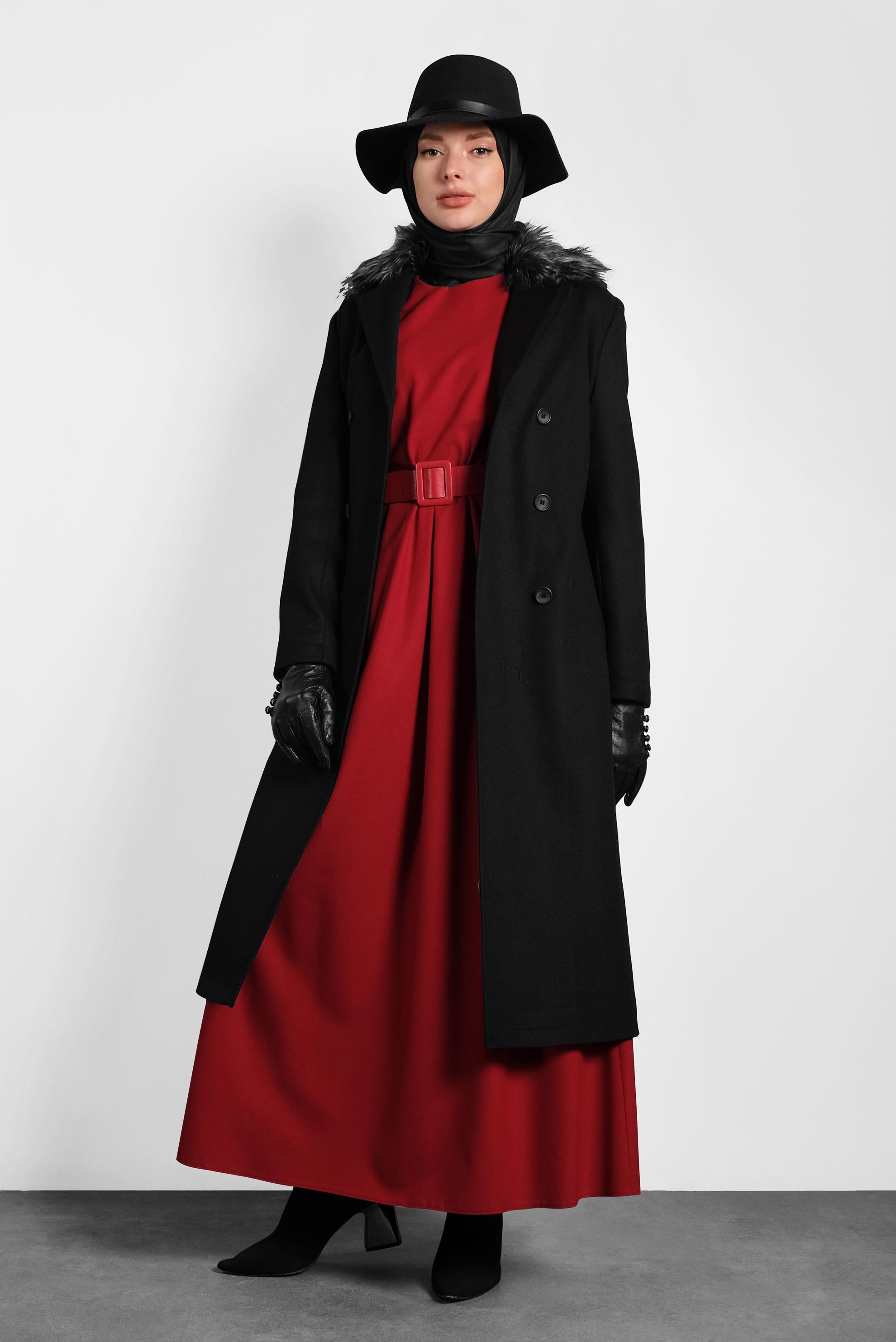 Tesettür giyim SİYAH KUŞAKLI DÜĞMELİ KABAN 90087 