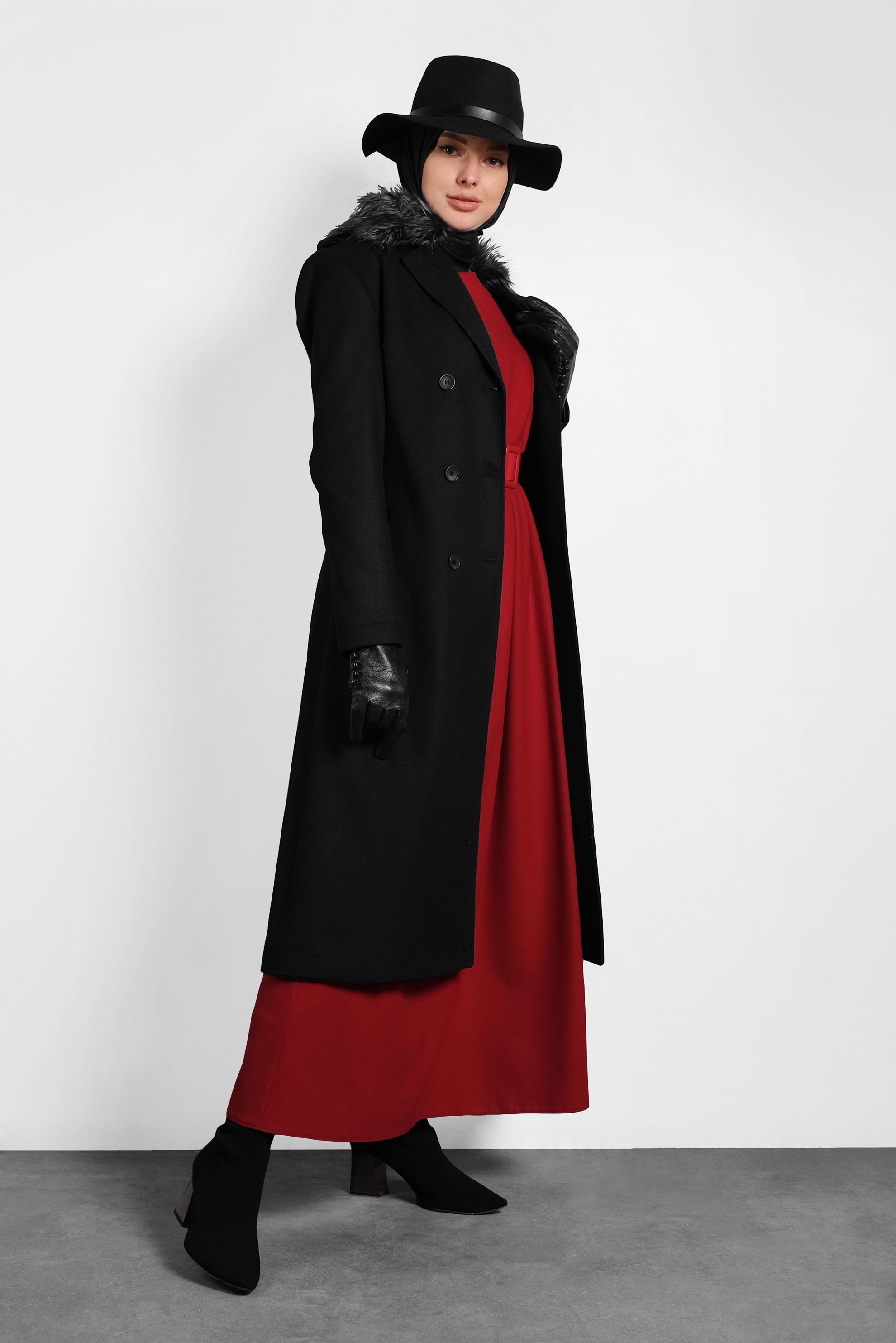 Tesettür giyim SİYAH KUŞAKLI DÜĞMELİ KABAN 90087 