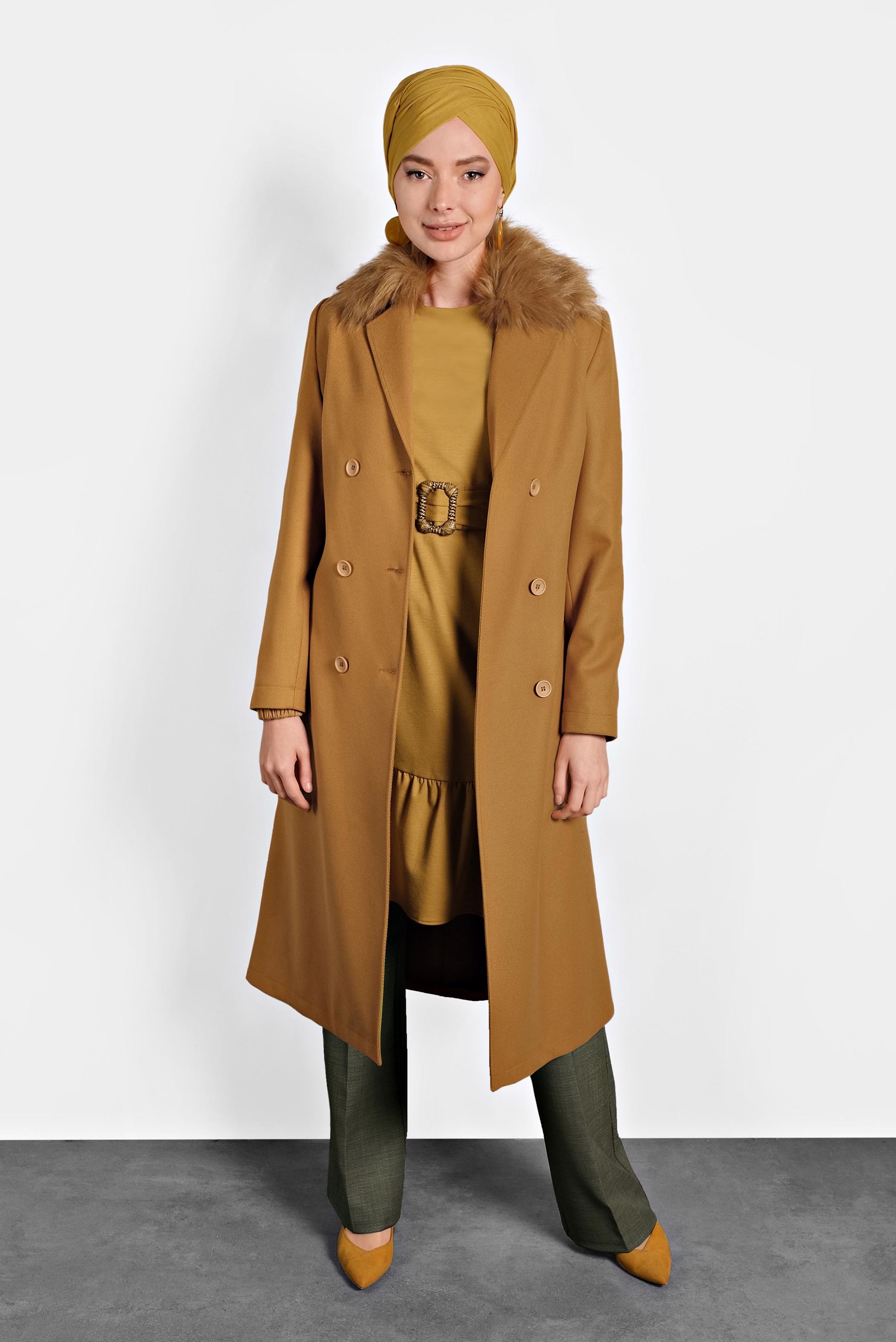 Tesettür giyim SARI KUŞAKLI DÜĞMELİ KABAN 90087 