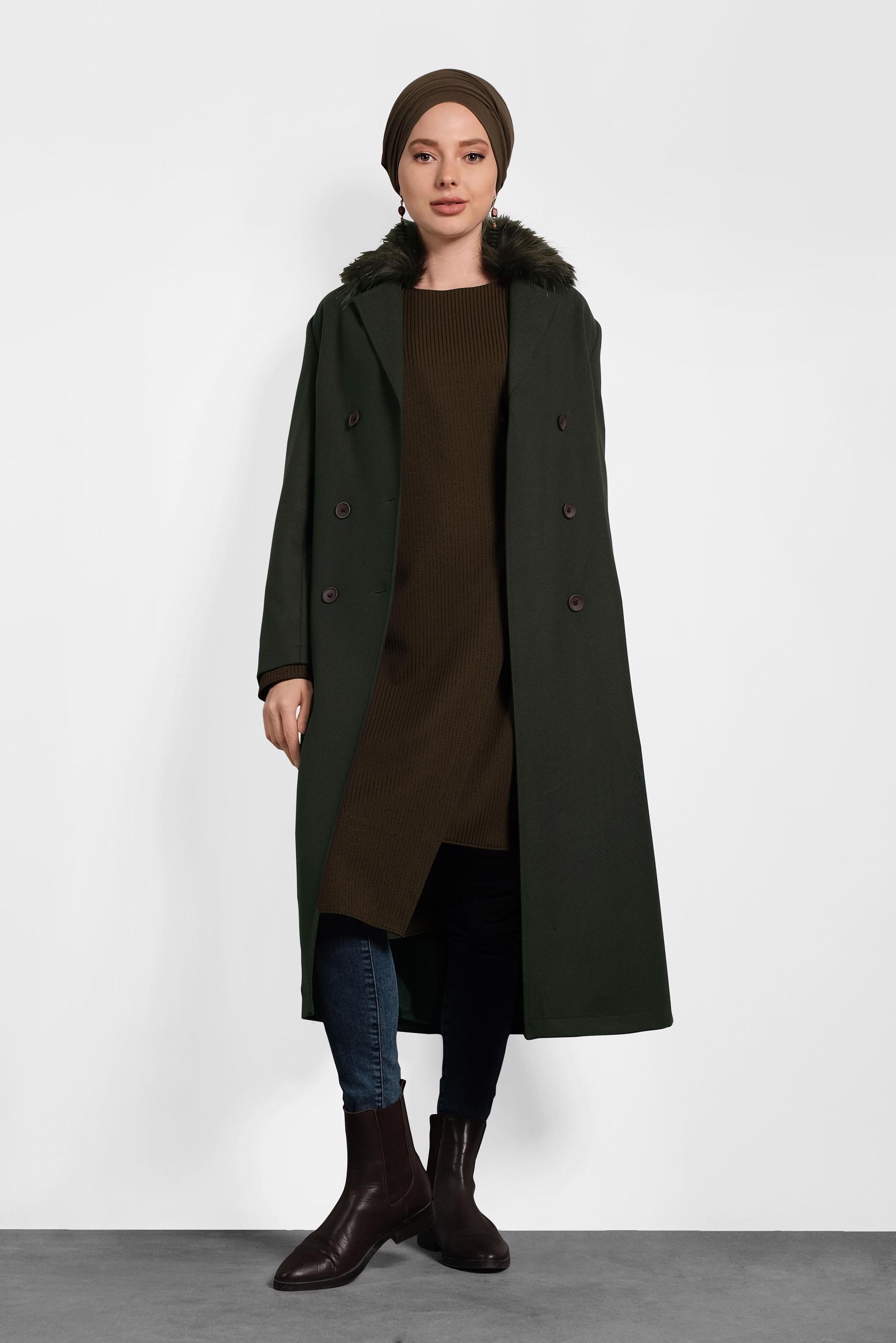 Tesettür giyim HAKİ KUŞAKLI DÜĞMELİ KABAN 90087 