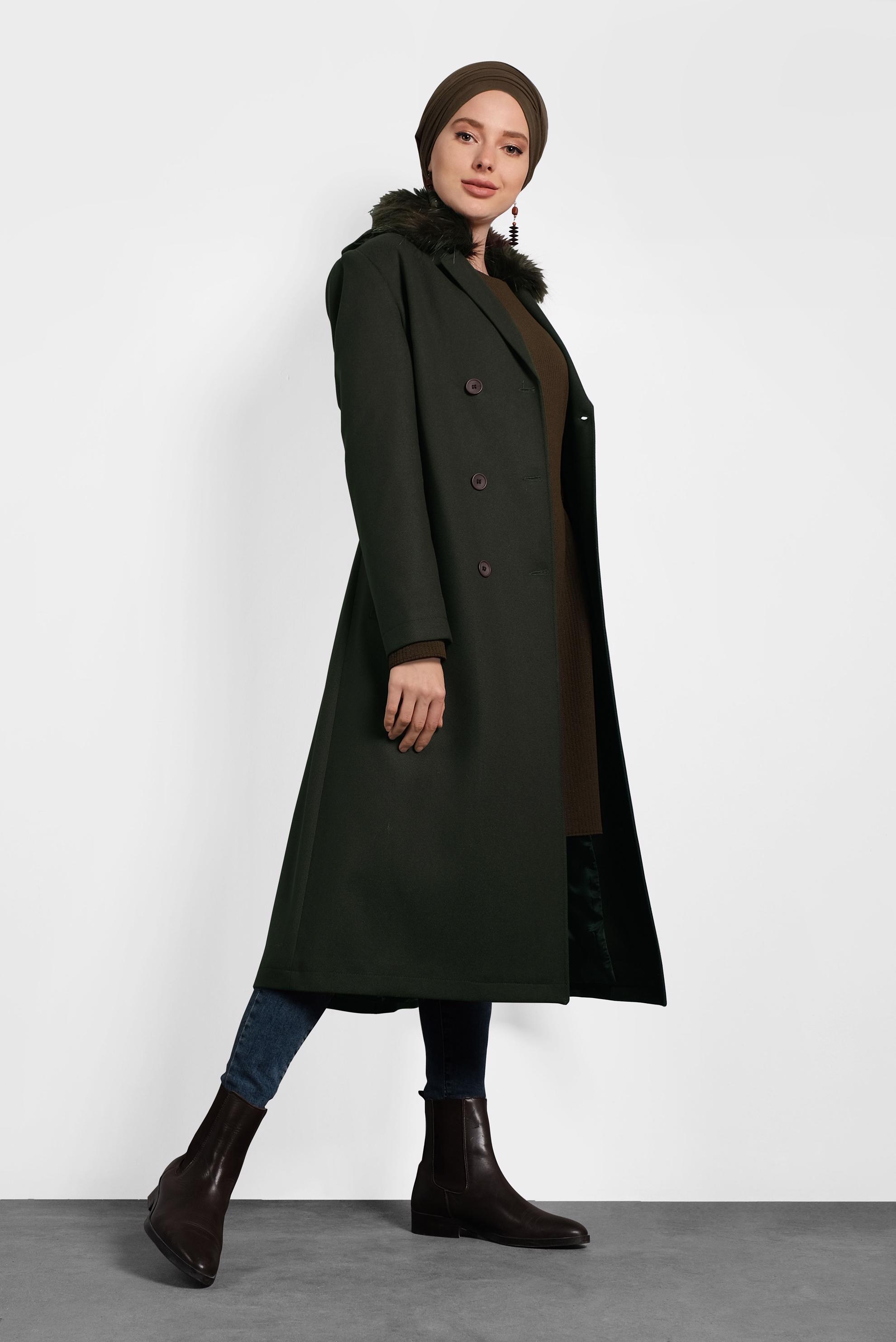 Tesettür giyim HAKİ KUŞAKLI DÜĞMELİ KABAN 90087 