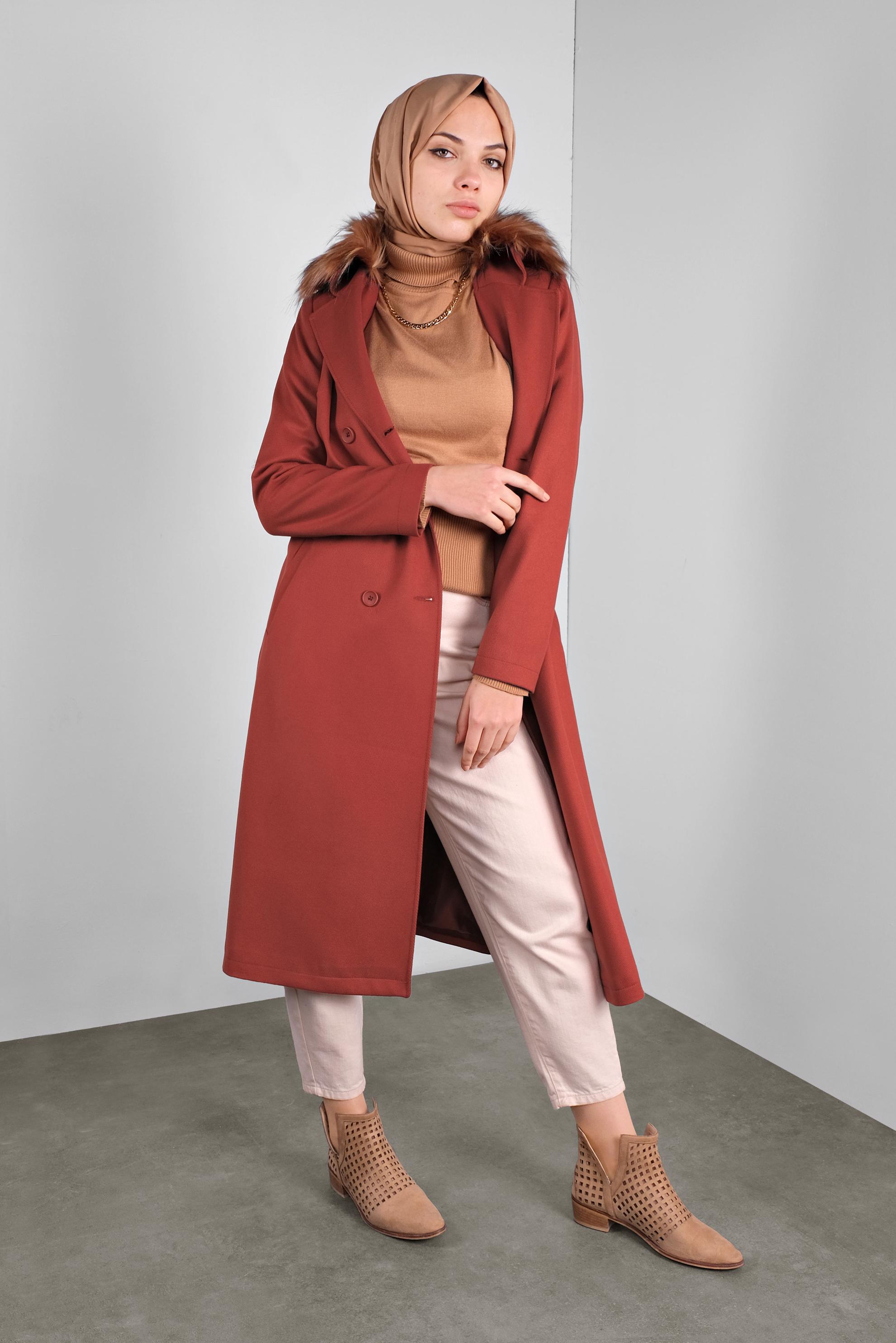 Tesettür giyim TURUNCU KUŞAKLI DÜĞMELİ KABAN 90087 
