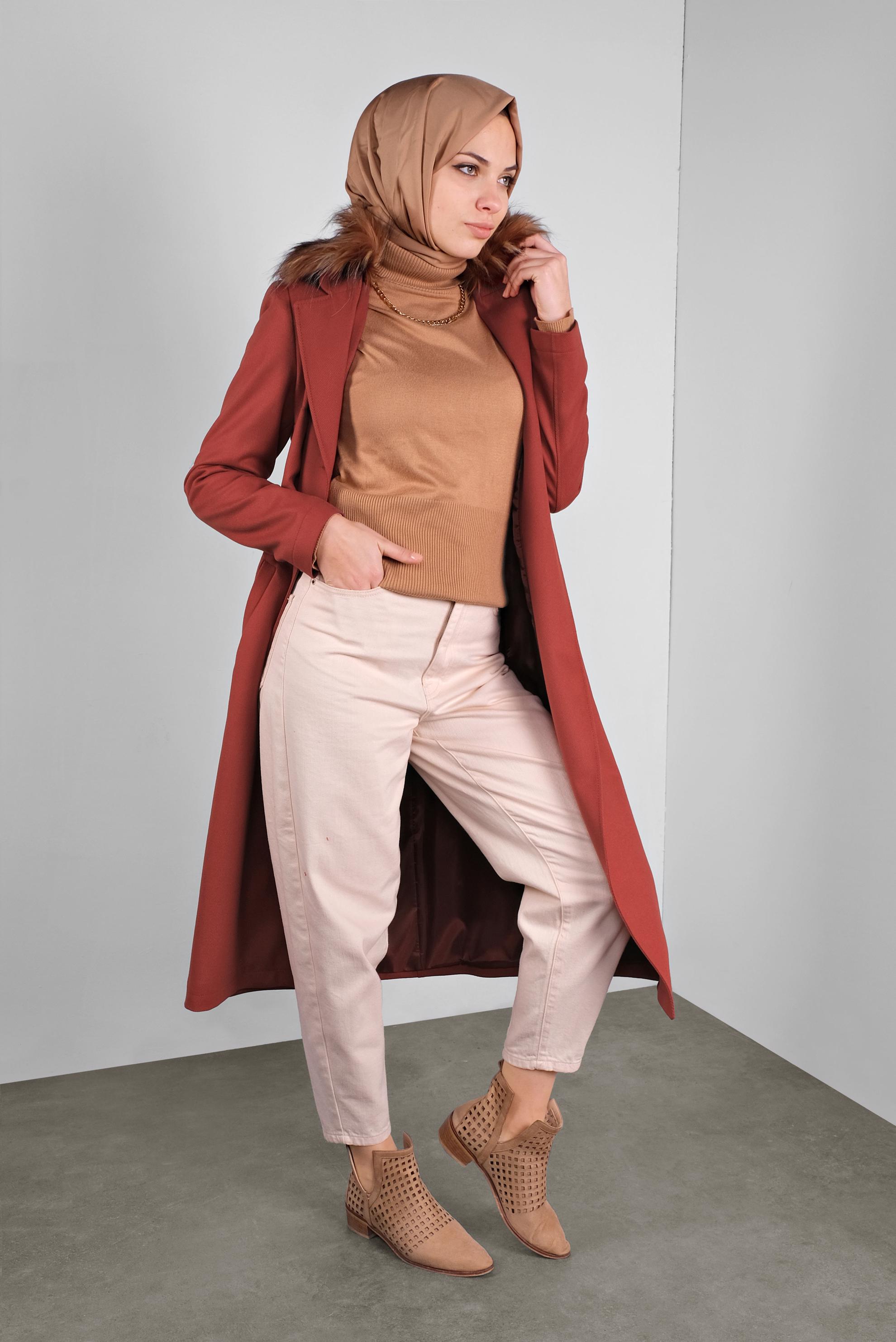 Tesettür giyim TURUNCU KUŞAKLI DÜĞMELİ KABAN 90087 