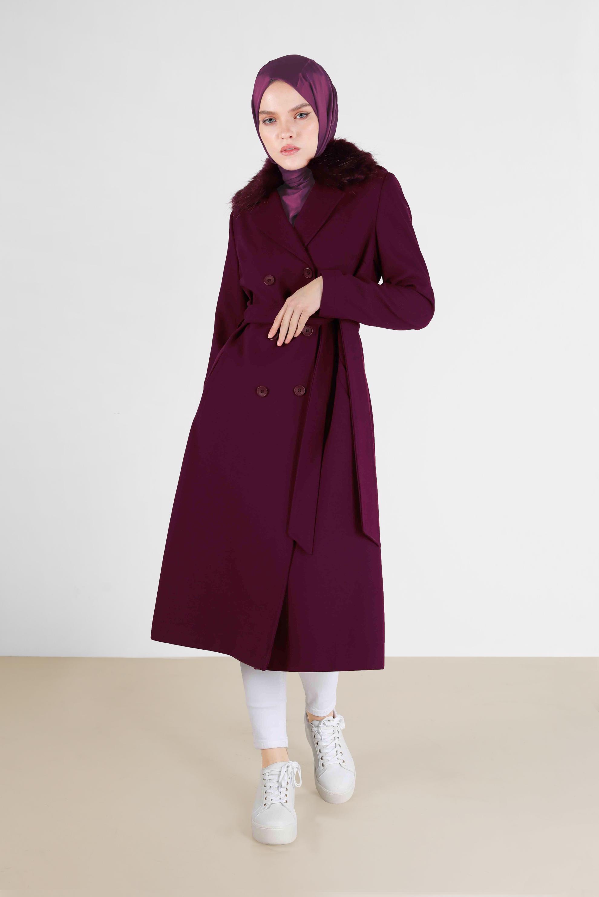 Tesettür giyim MOR KUŞAKLI DÜĞMELİ KABAN 90087 