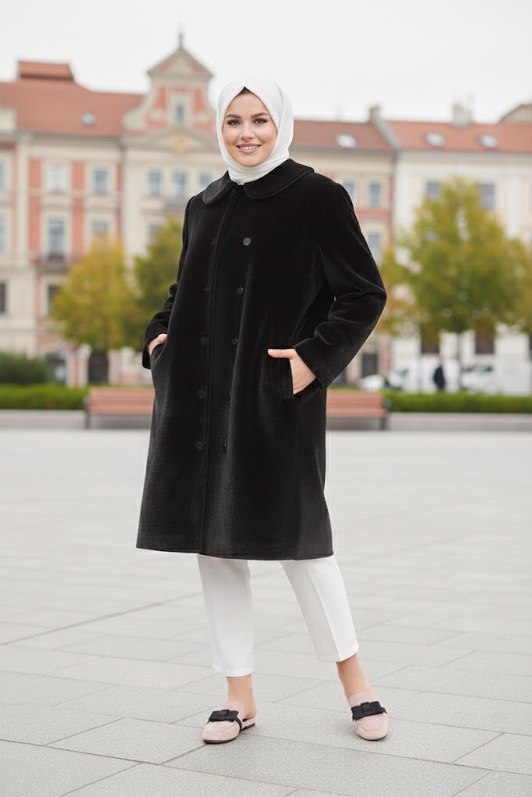 Tesettür giyim SİYAH BEBE YAKA KABAN 90088 