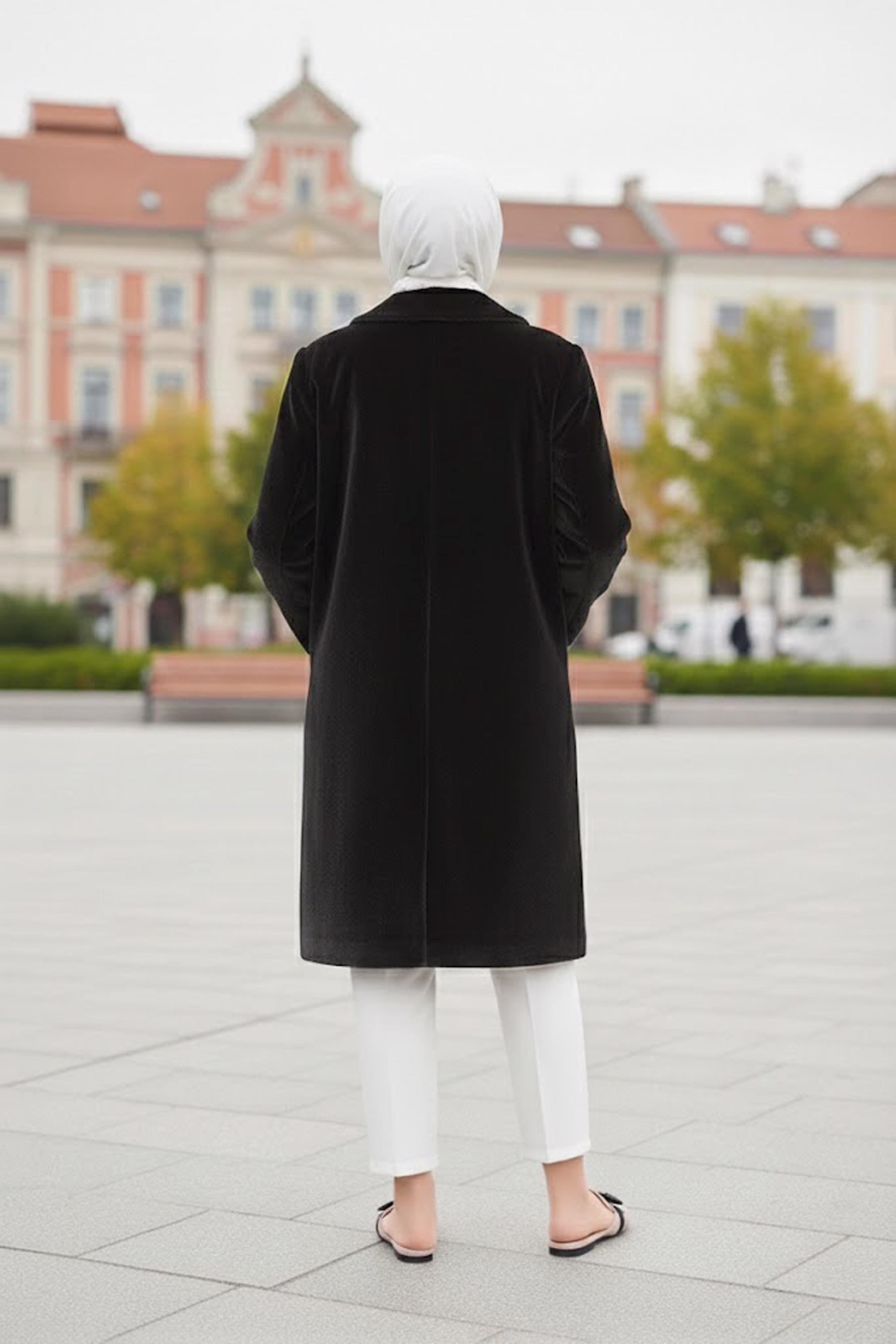 Tesettür giyim SİYAH BEBE YAKA KABAN 90088 