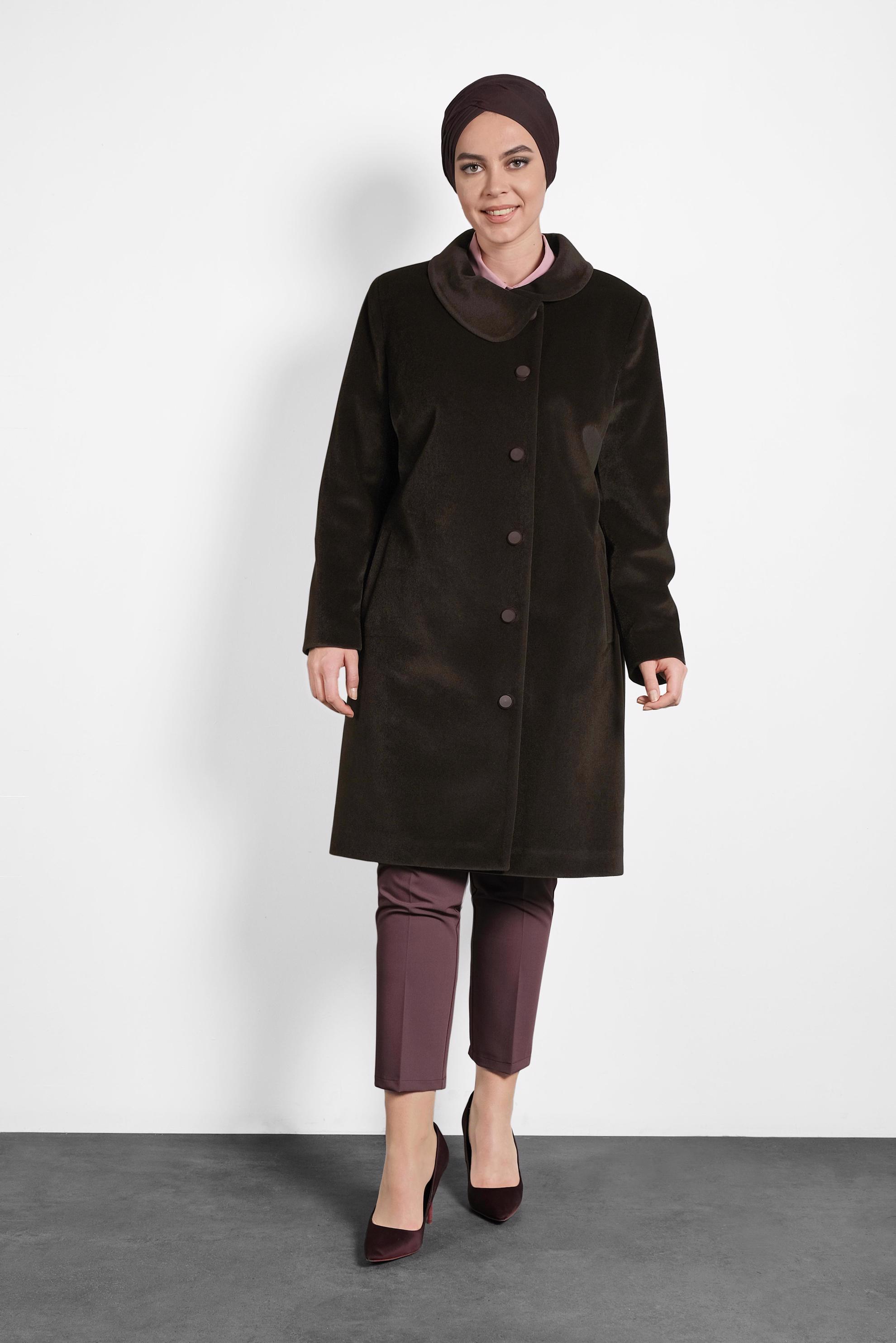 Tesettür giyim KAHVE BEBE YAKA KABAN 90088 