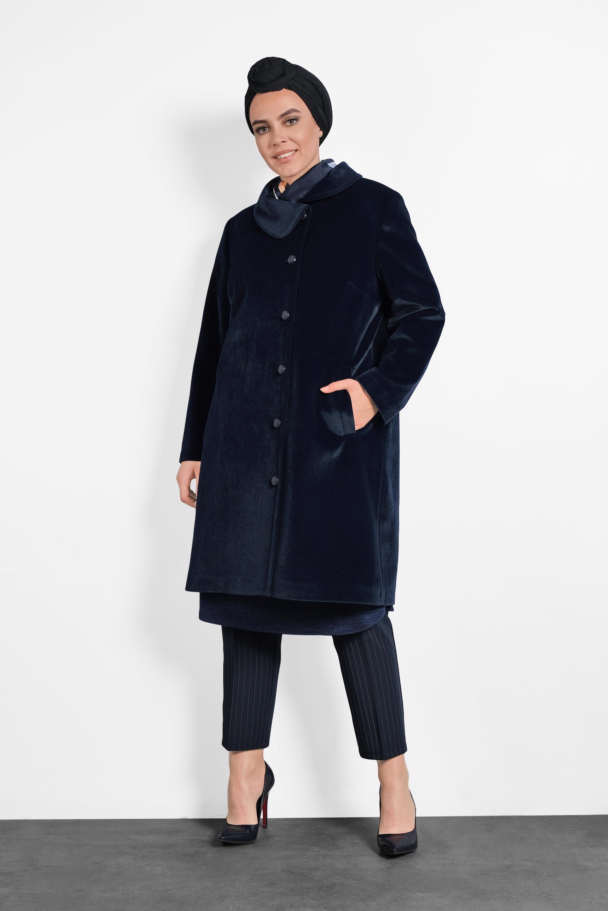 Tesettür giyim LACİVERT BEBE YAKA KABAN 90088 