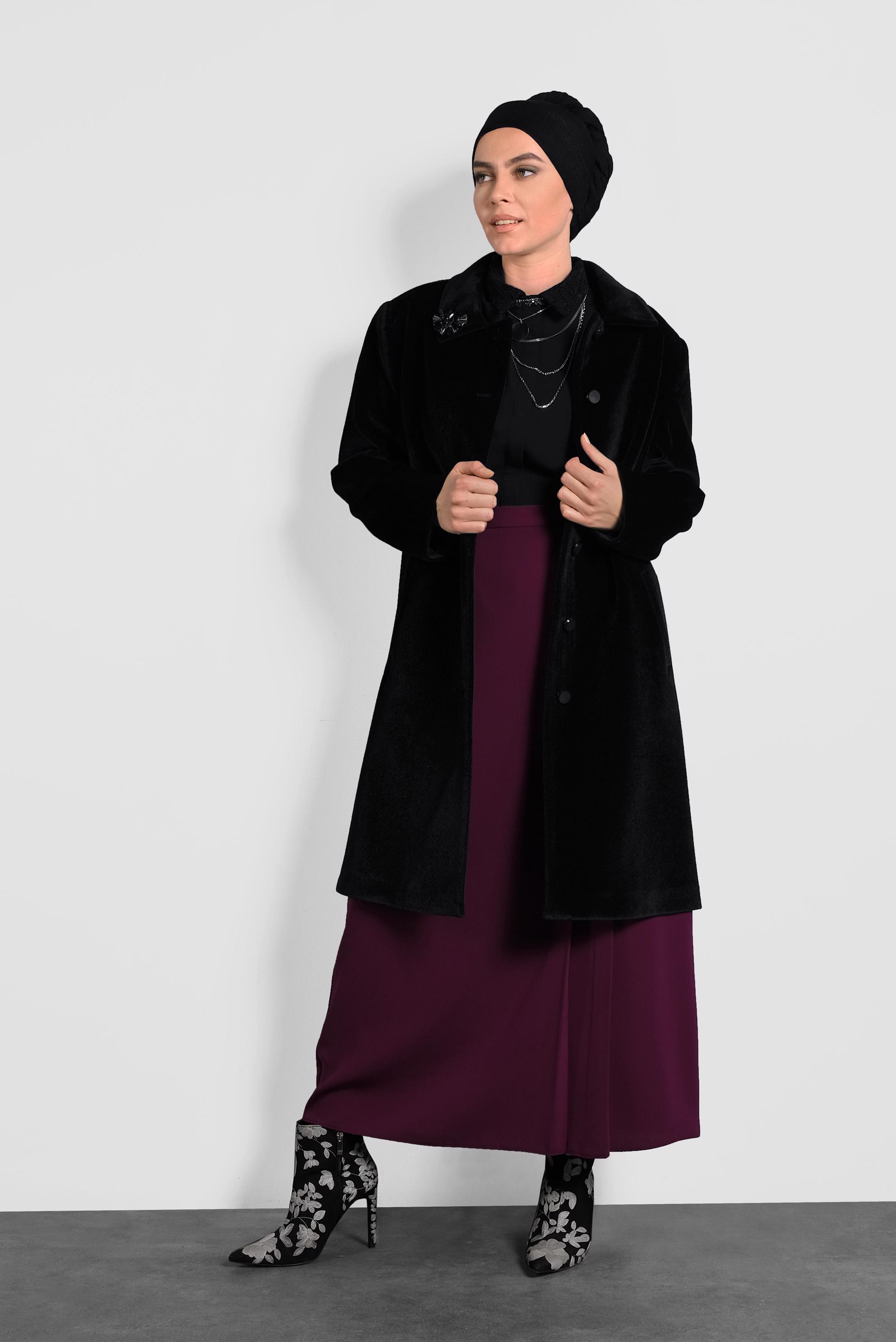Tesettür giyim SİYAH KADİFE KABAN 90089 