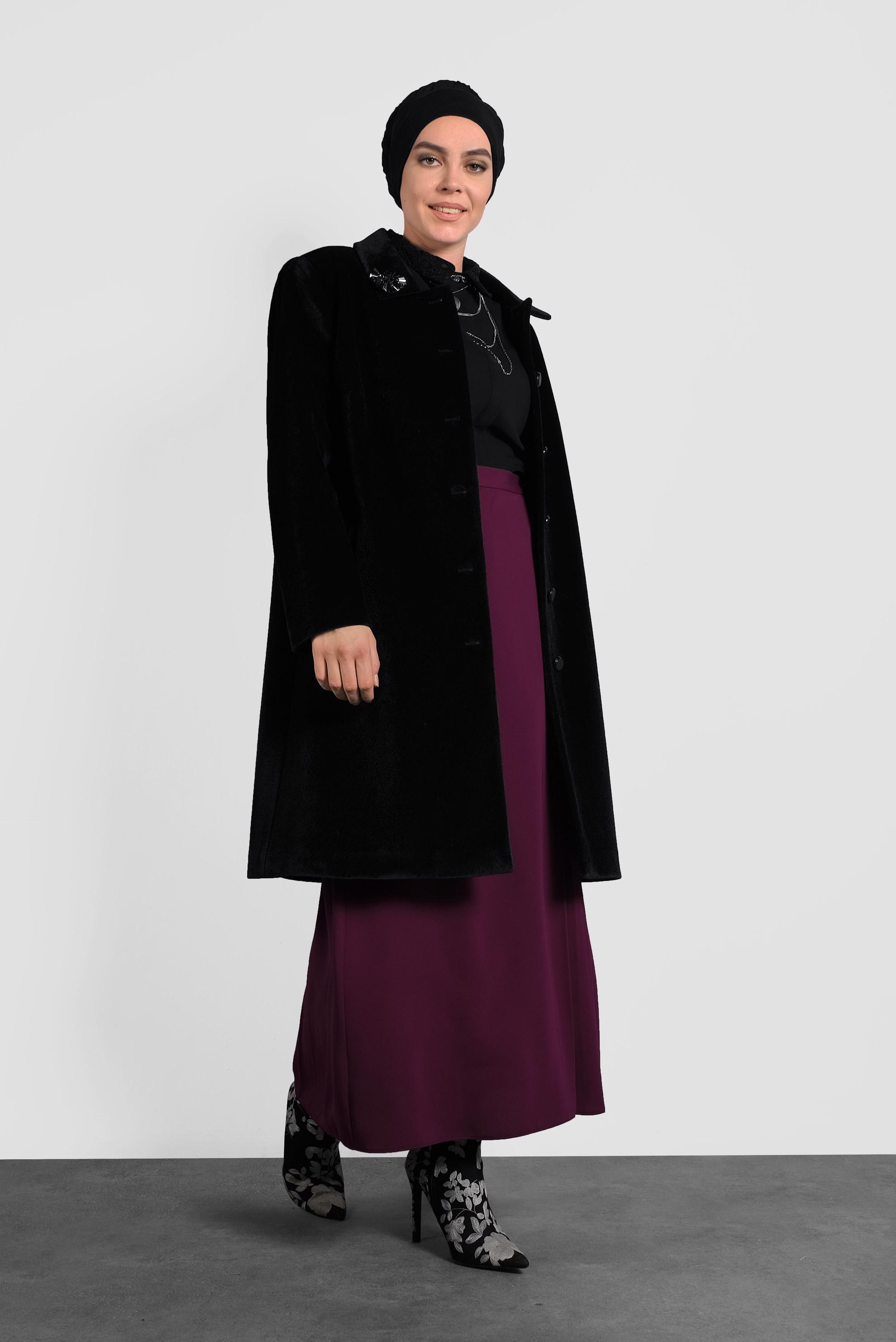 Tesettür giyim SİYAH KADİFE KABAN 90089 