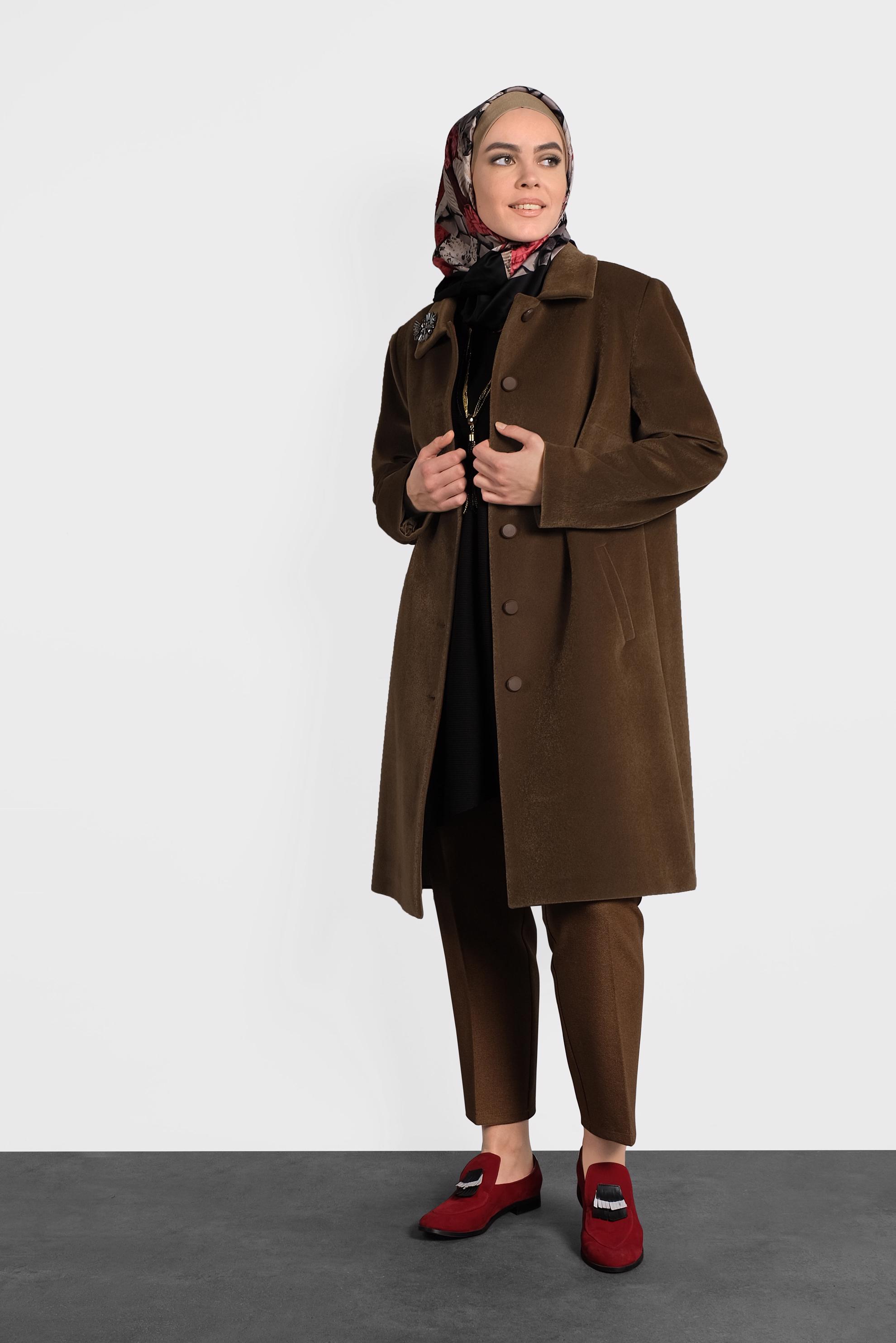 Tesettür giyim KAHVE KADİFE KABAN 90089 