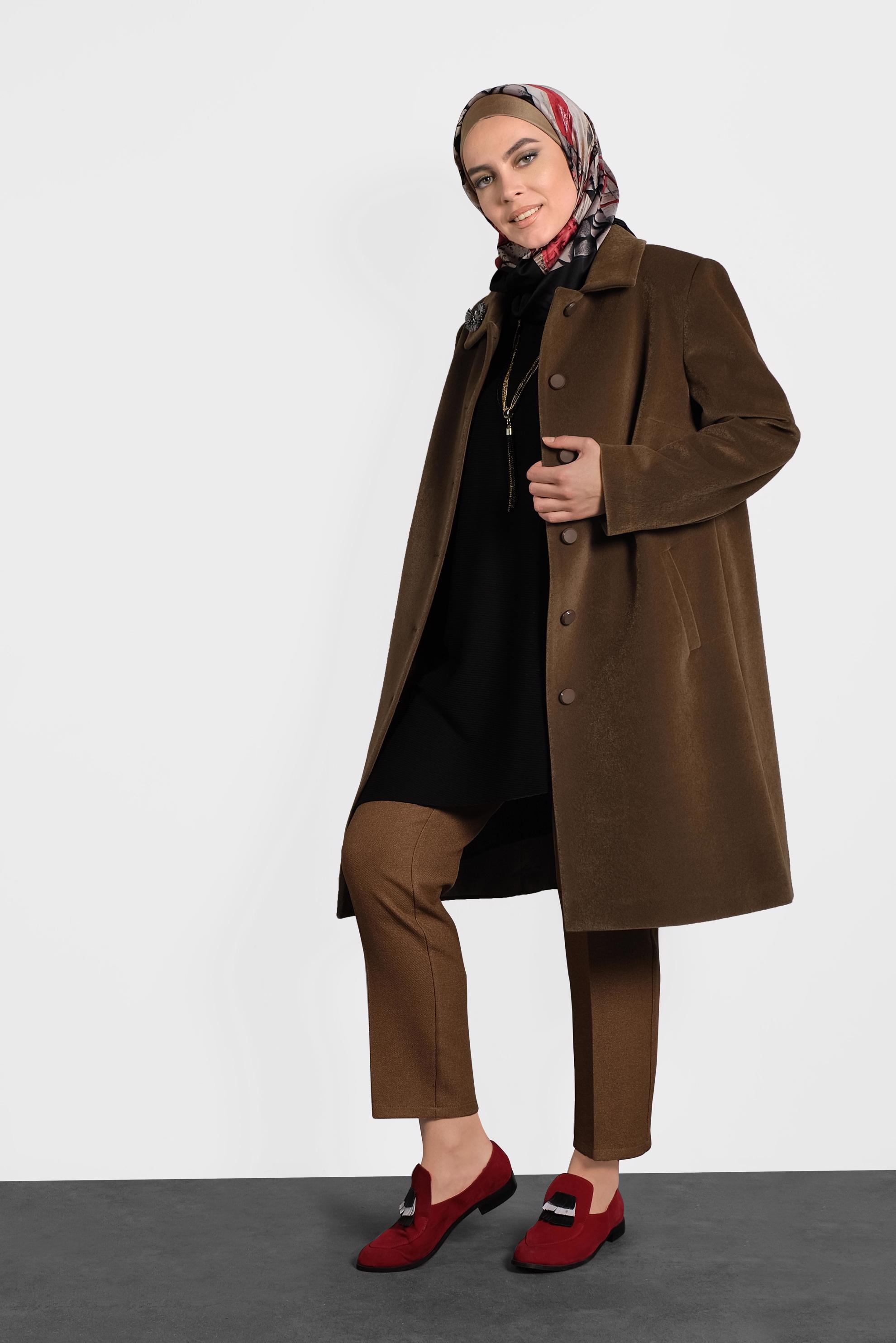 Tesettür giyim KAHVE KADİFE KABAN 90089 