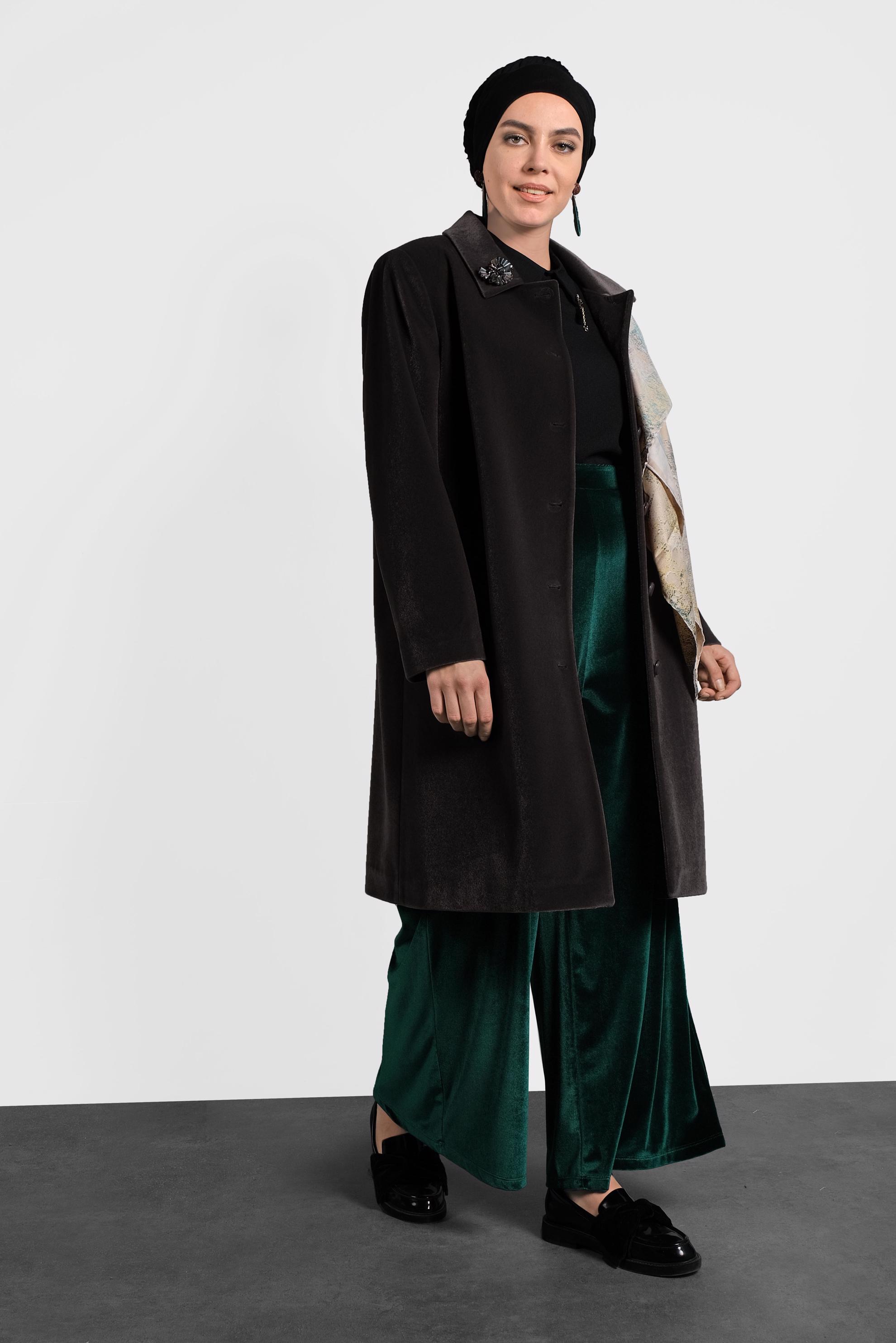 Tesettür giyim GRİ KADİFE KABAN 90089 