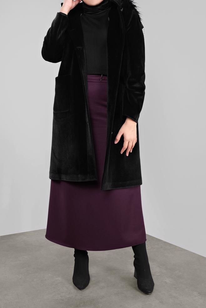 Tesettür giyim SİYAH KAPÜŞONU KÜRKLÜ KABAN 90092 - ALVİNA