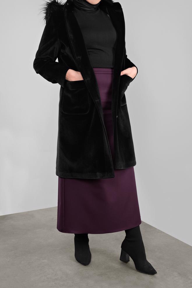 Tesettür giyim SİYAH KAPÜŞONU KÜRKLÜ KABAN 90092 - ALVİNA