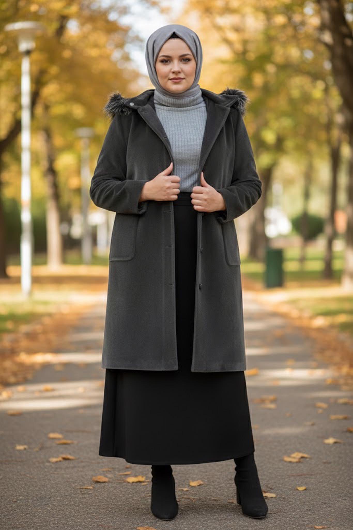 Hijab clothing GREY FAUX-FUR-TRIM HOODED COAT 90092 