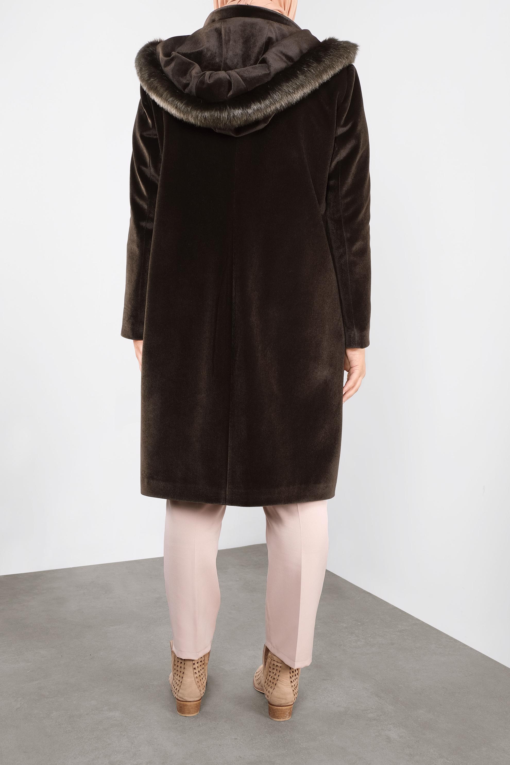 Tesettür giyim KAHVE KAPÜŞONU KÜRKLÜ KABAN 90092