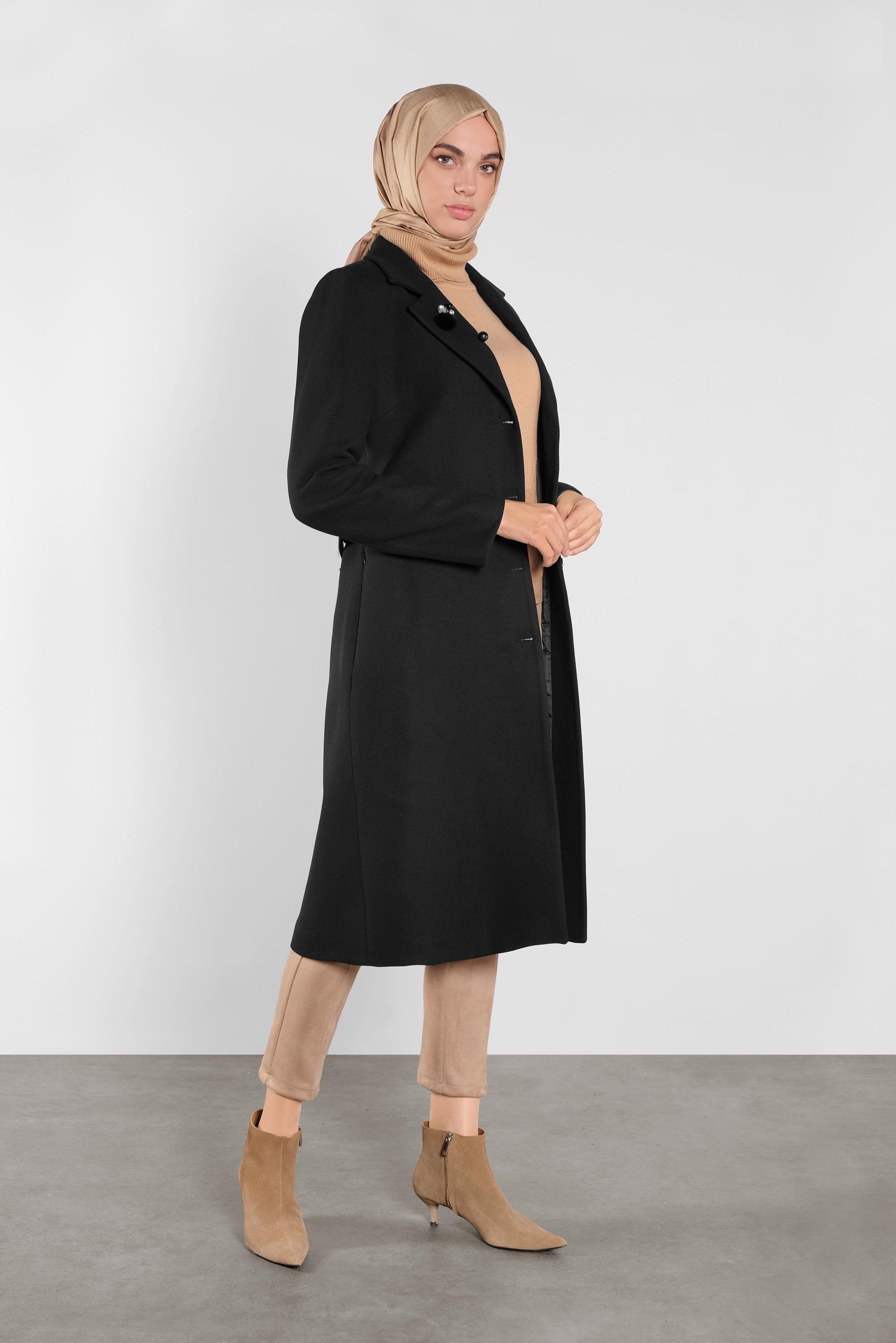 Tesettür giyim SİYAH KEMERLİ KABAN 90101