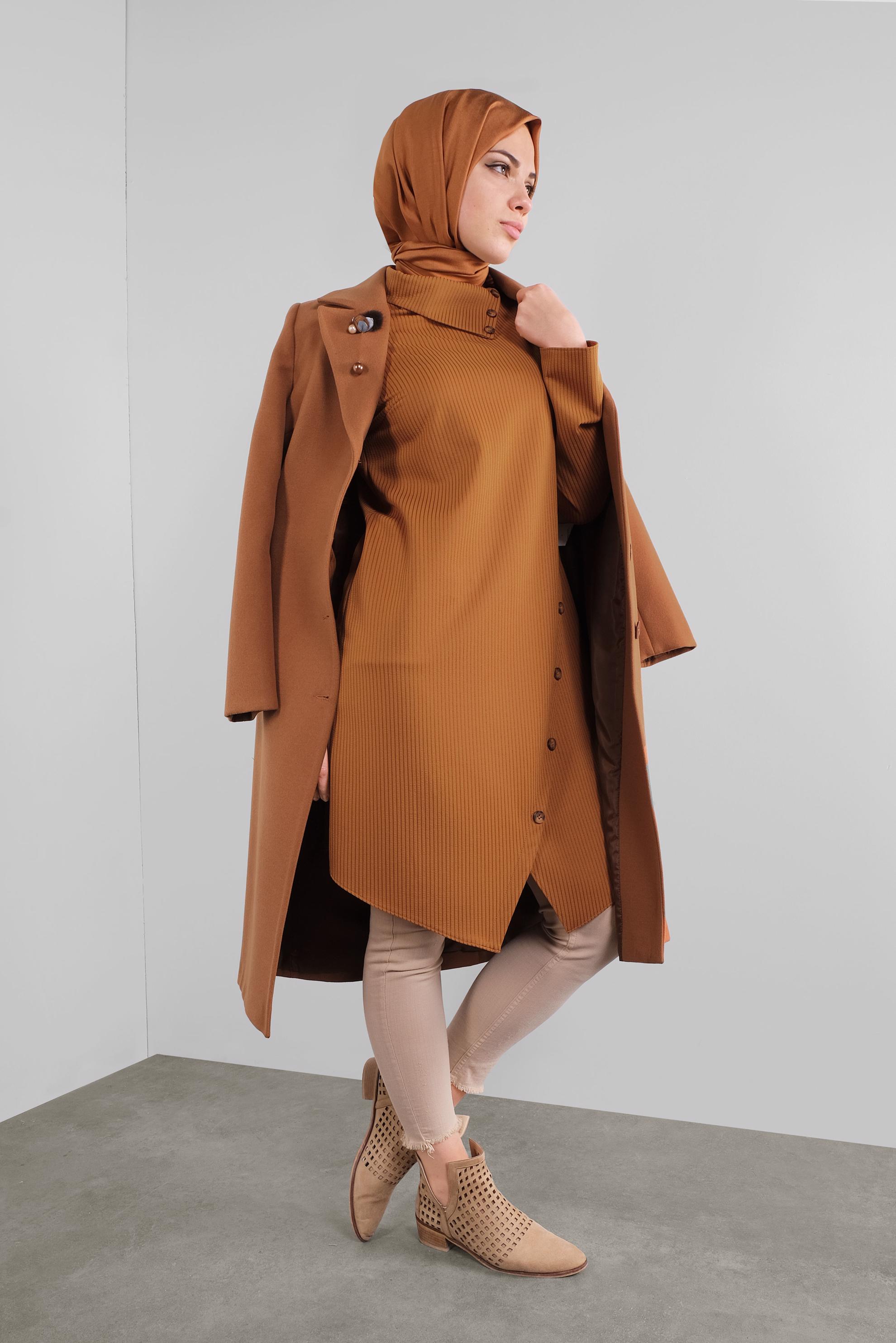 Tesettür giyim TABA KEMERLİ KABAN 90101