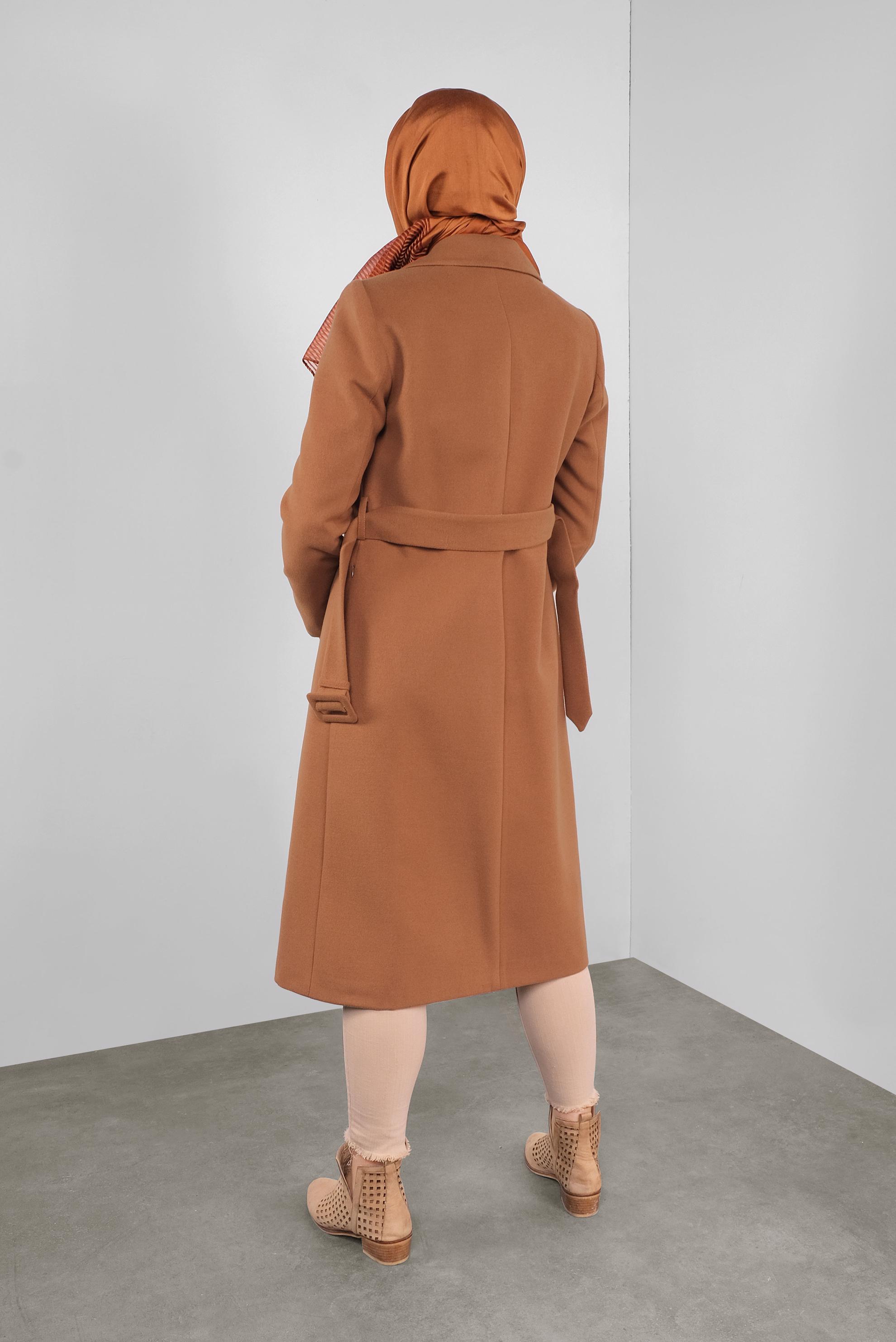 Tesettür giyim TABA KEMERLİ KABAN 90101