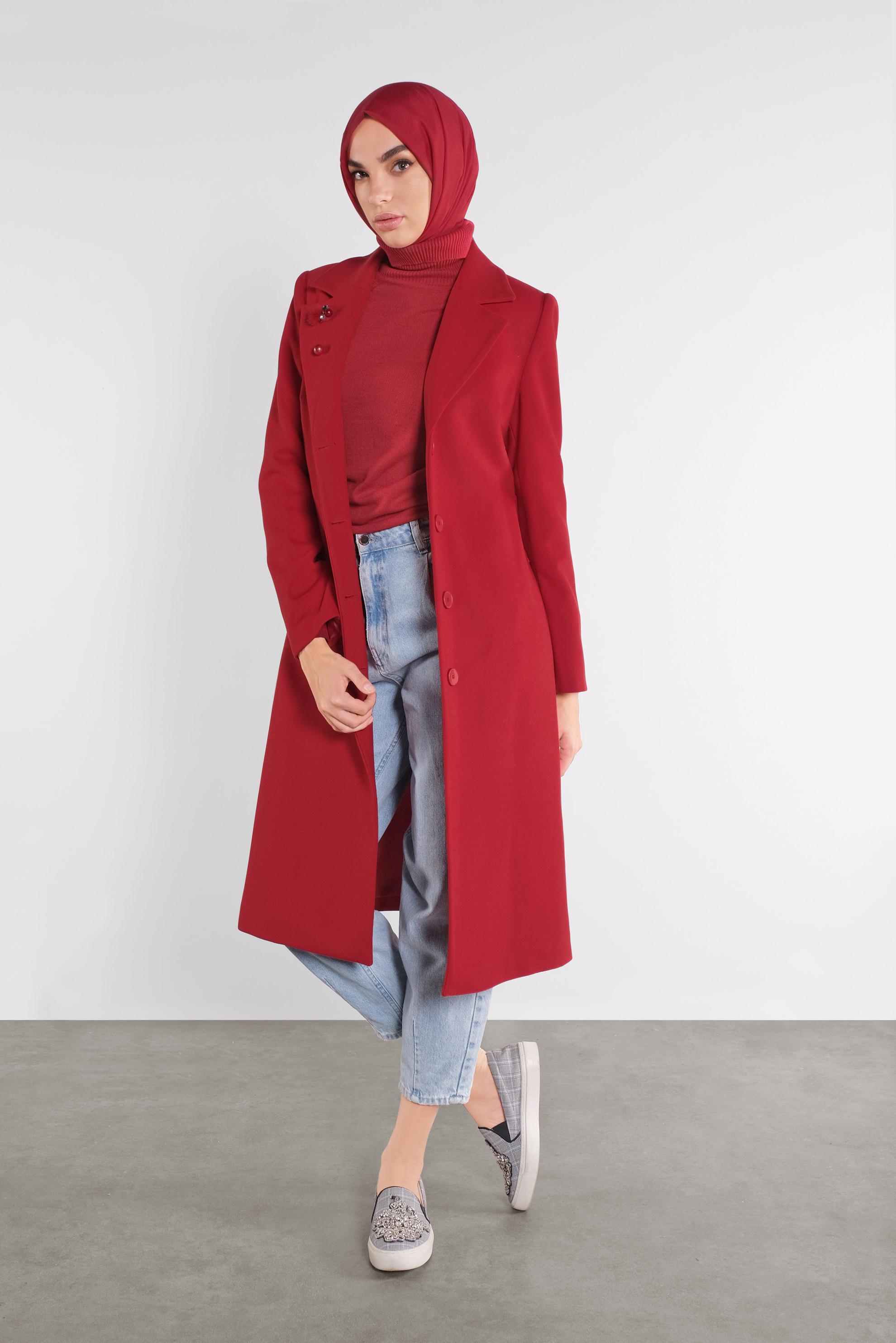 Hijab clothing RED BELTED COAT 90101 