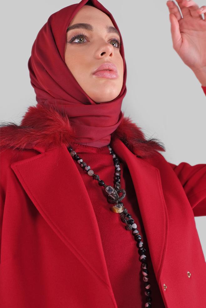 Vêtements hijab  CABAN À COL EN FOURRURE À BOUTONNÉ 90102  - ALVİNA