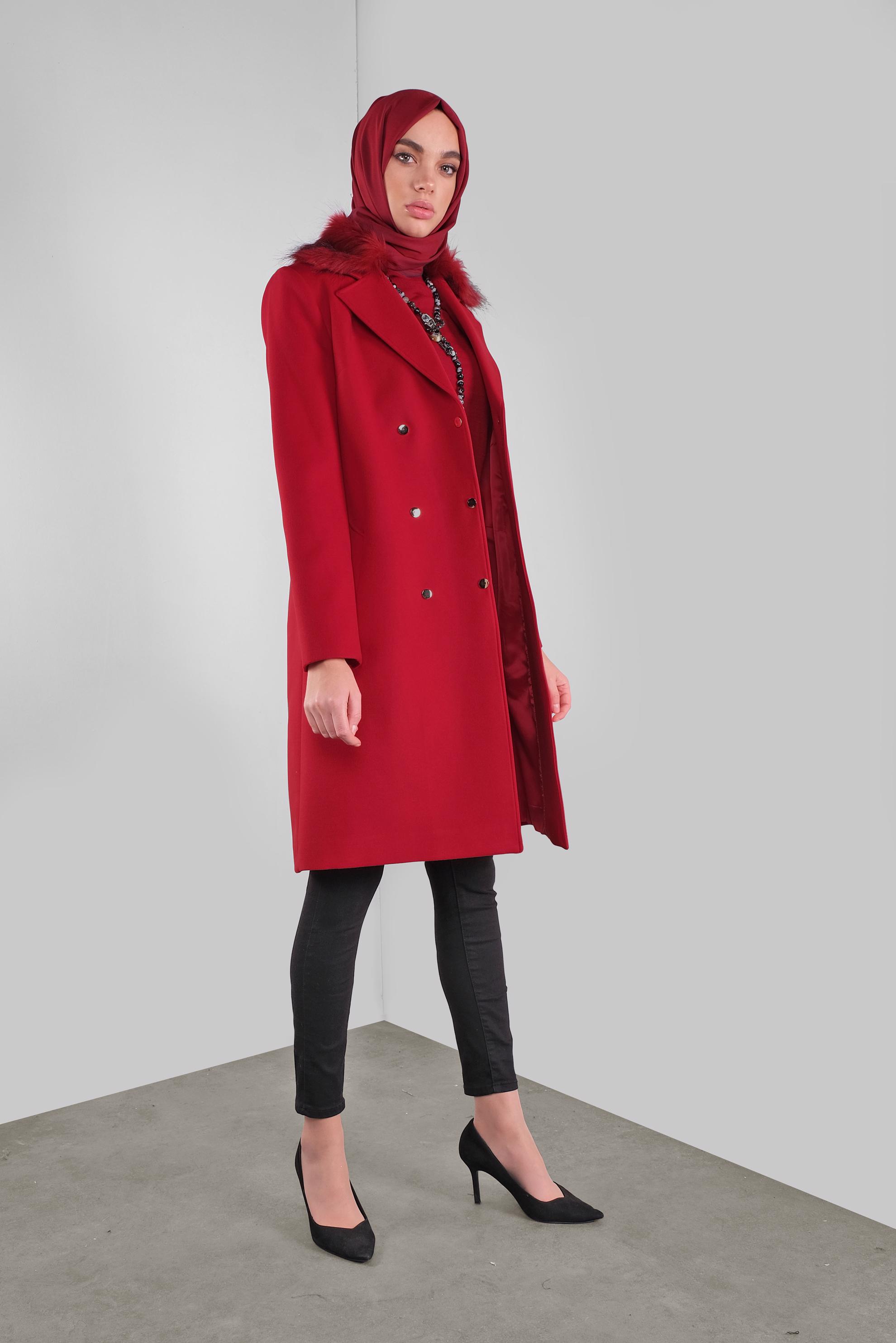Vêtements hijab ROUGE CABAN À COL EN FOURRURE À BOUTONNÉ 90102 