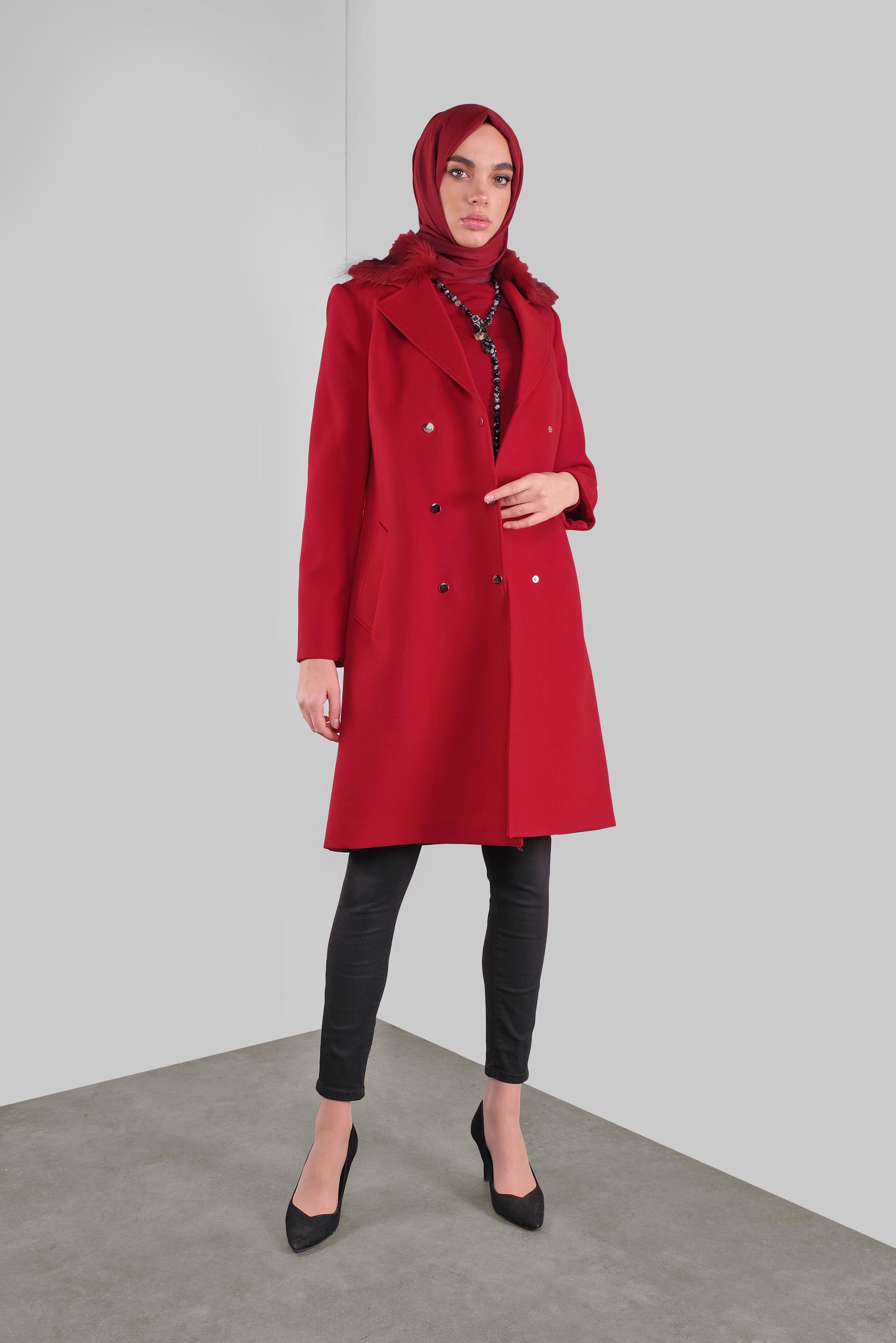 Vêtements hijab ROUGE CABAN À COL EN FOURRURE À BOUTONNÉ 90102 