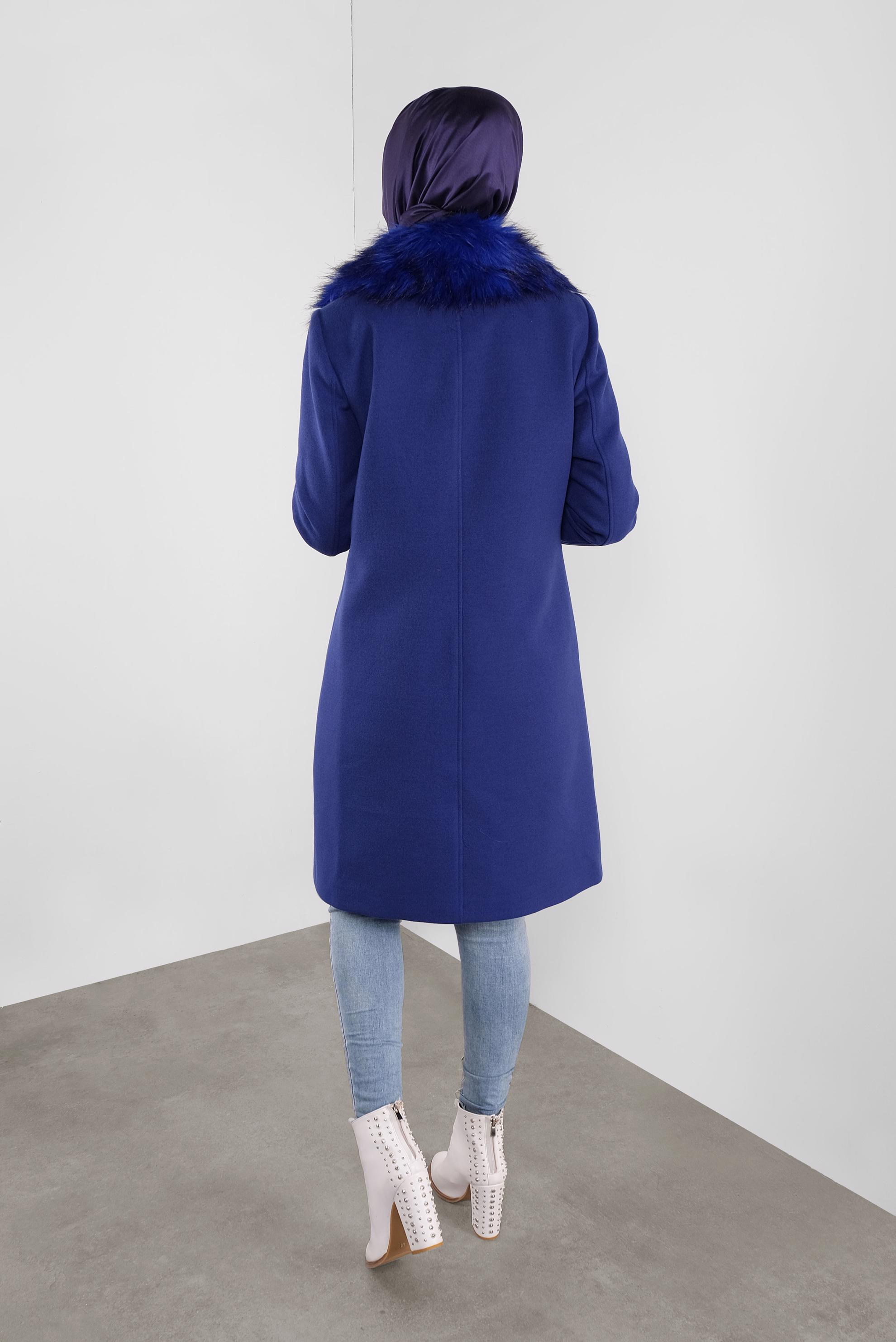 Vêtements hijab BLEU CABAN À COL EN FOURRURE À BOUTONNÉ 90102 