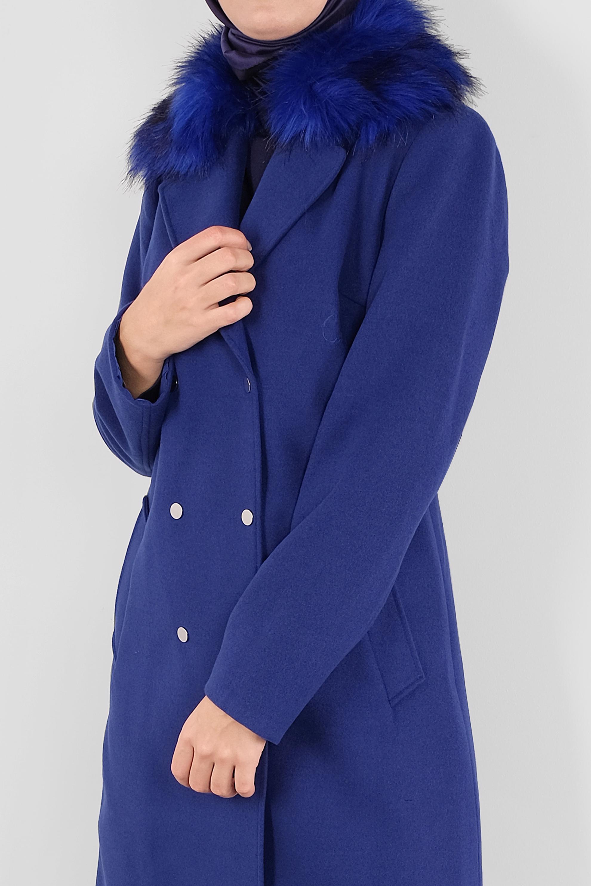 Vêtements hijab BLEU CABAN À COL EN FOURRURE À BOUTONNÉ 90102 