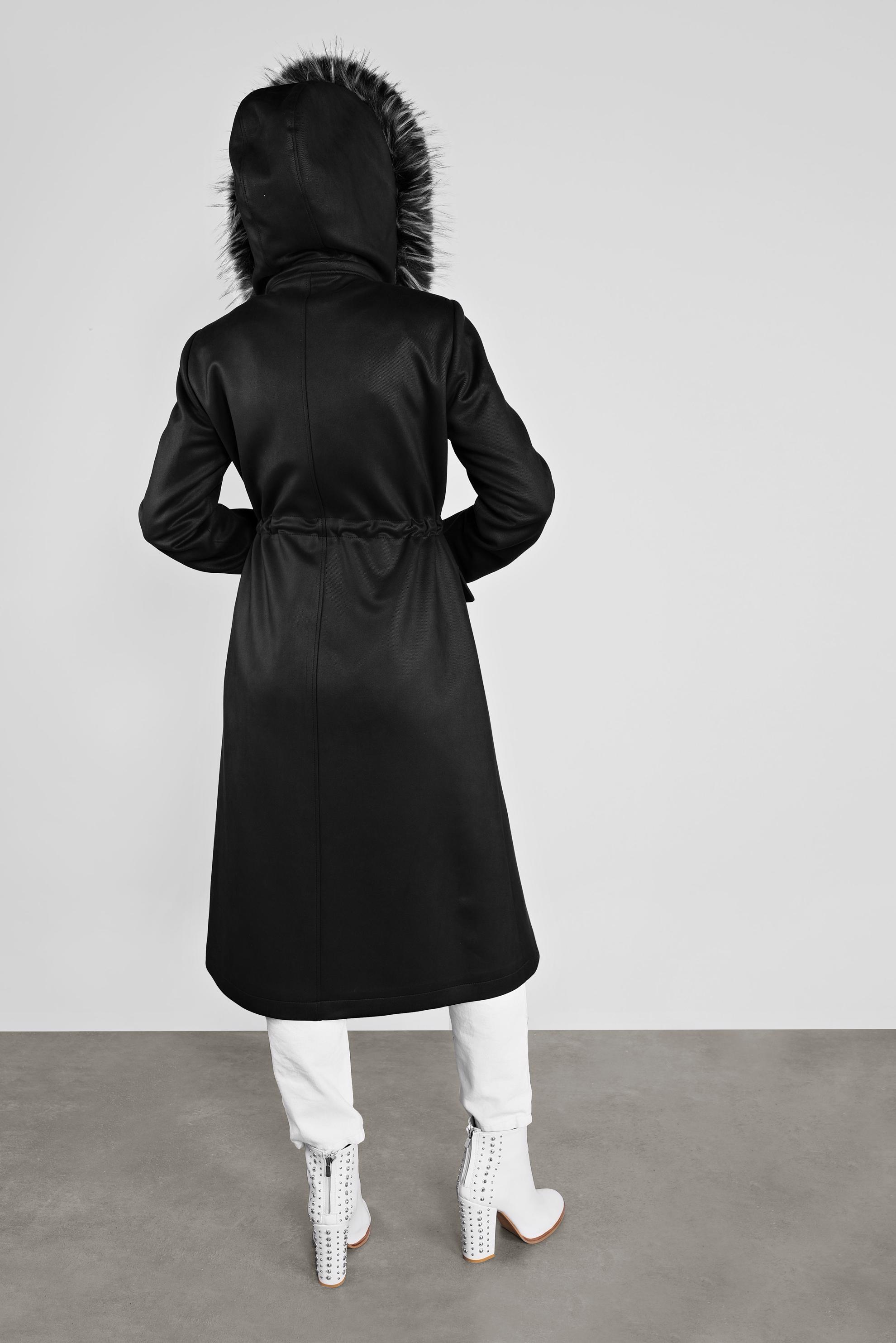 Tesettür giyim SİYAH KAPÜŞONU KÜRKLÜ GABARDİN KABAN 90106 