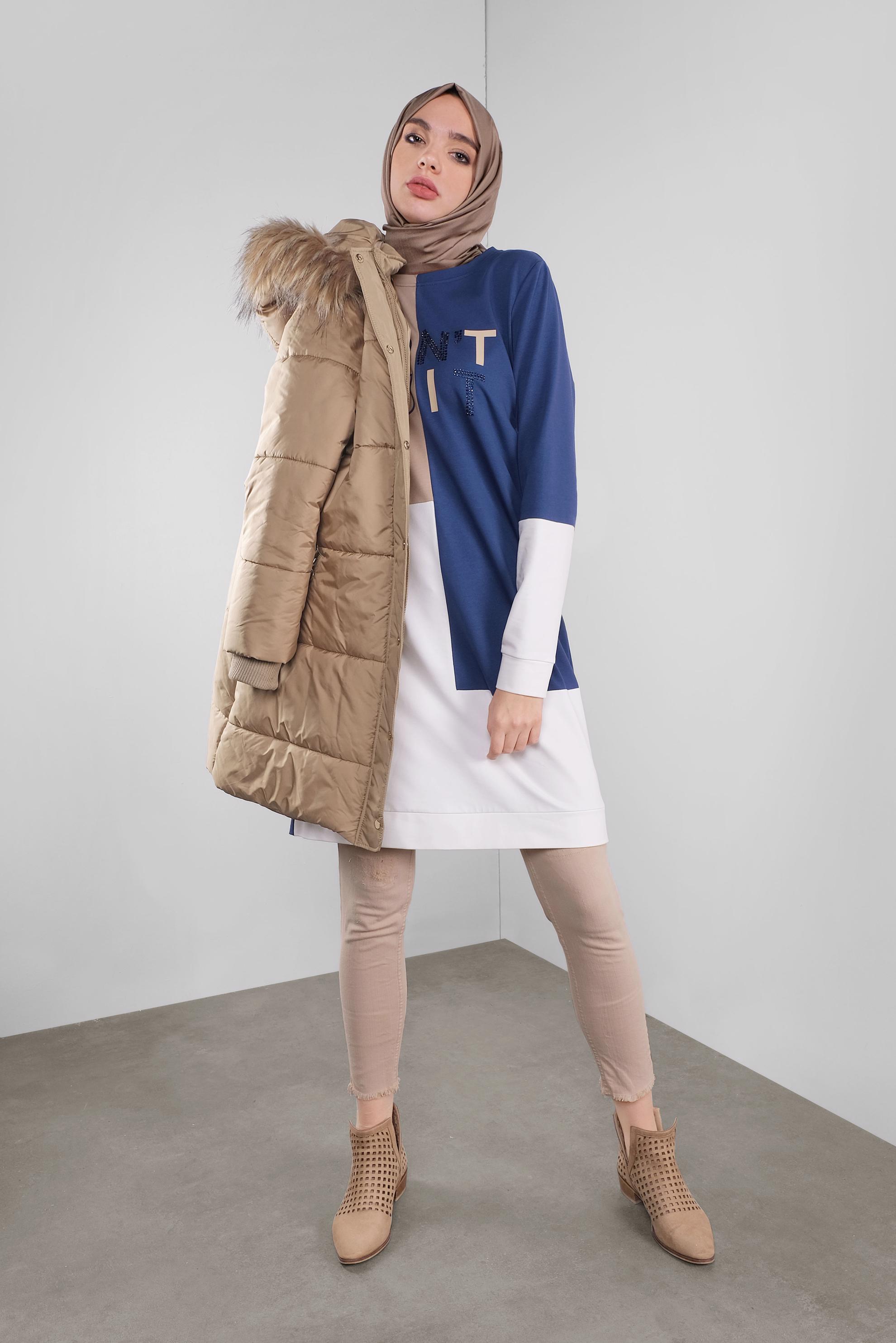 Tesettür giyim KAHVE KAPÜŞONLU ŞİŞME KABAN 90107