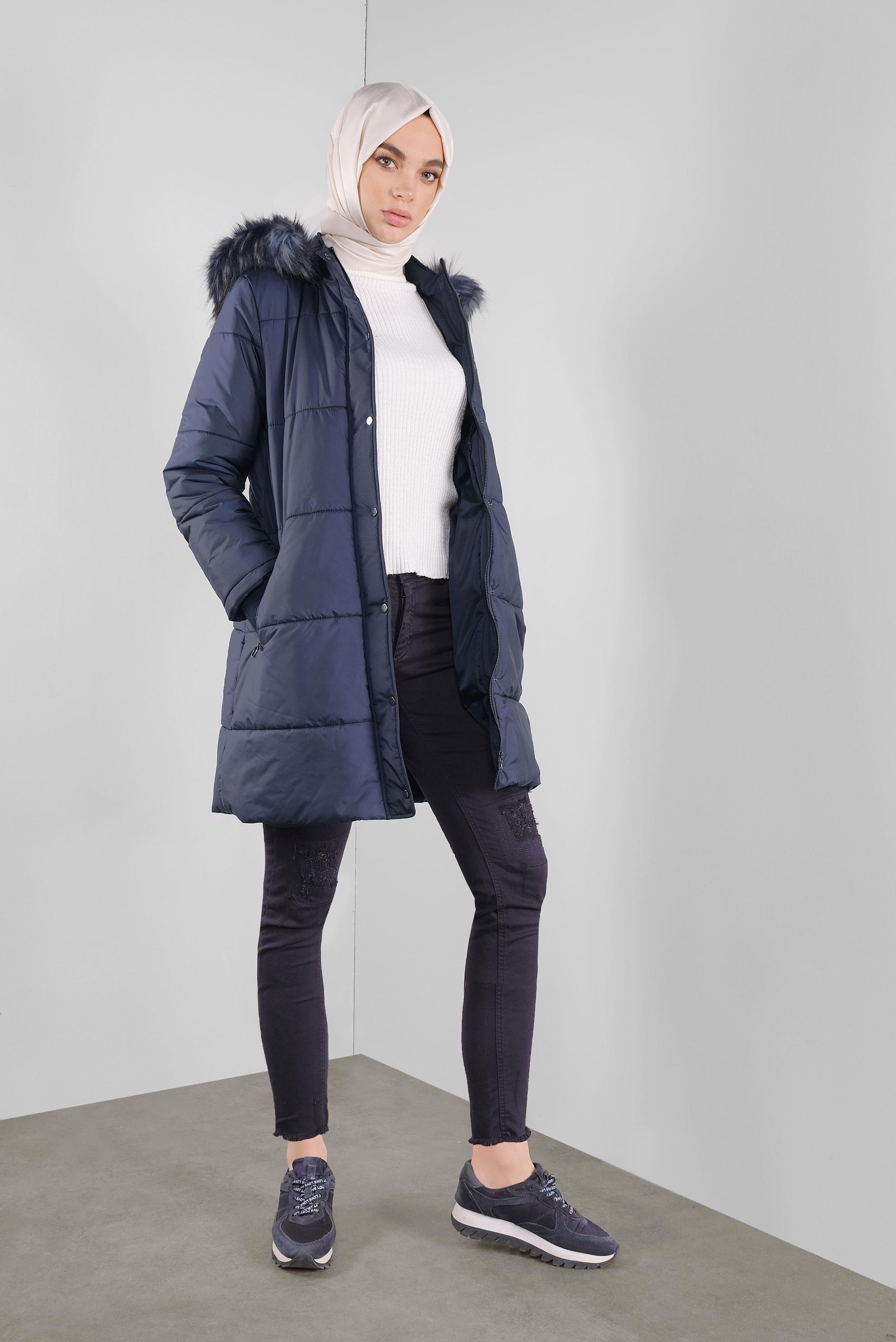 Hijab clothing NAVY BLUE HOODED PUFFER COAT 90107 