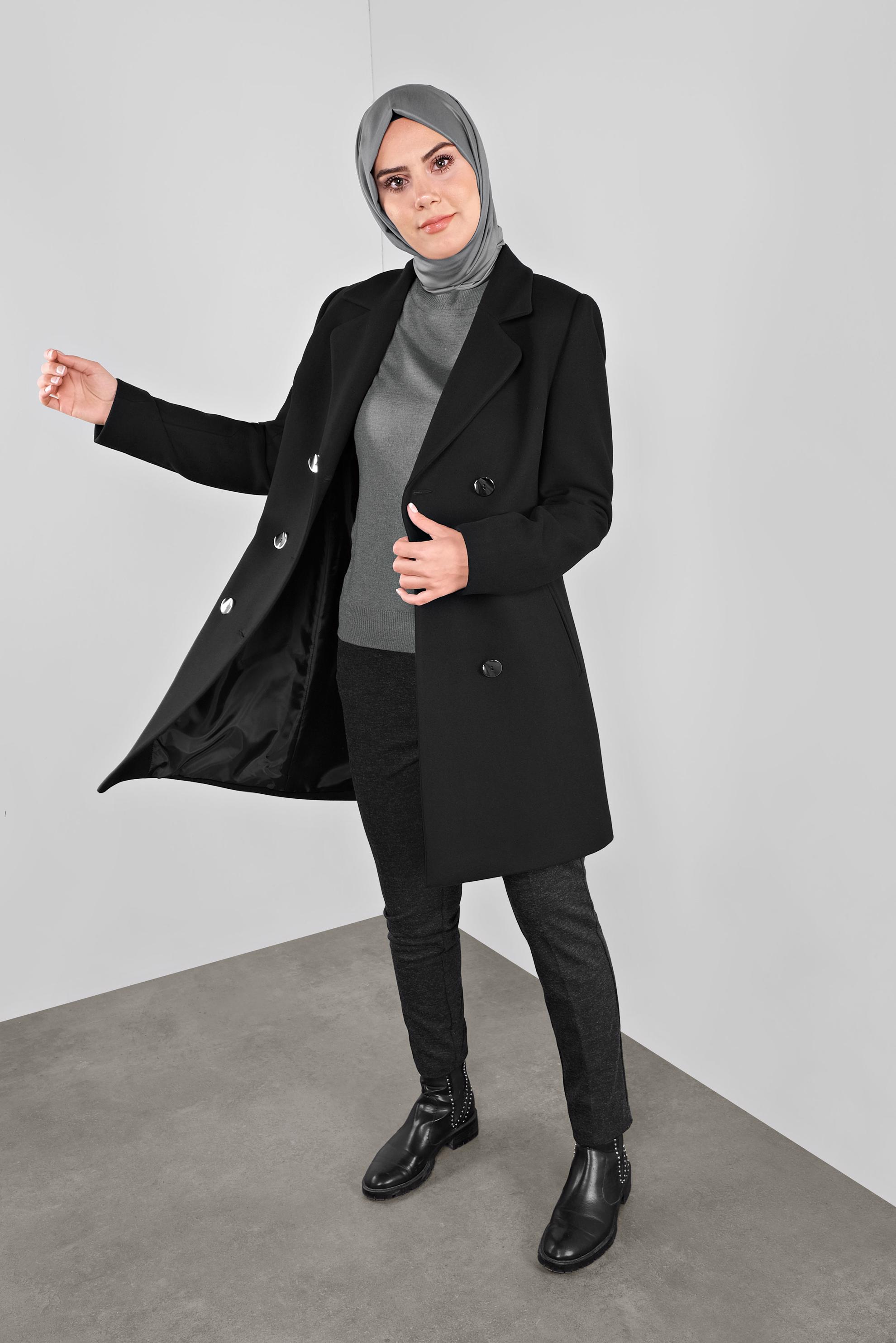 Tesettür giyim SİYAH KRUVAZE YAKA KAŞE KABAN 90108