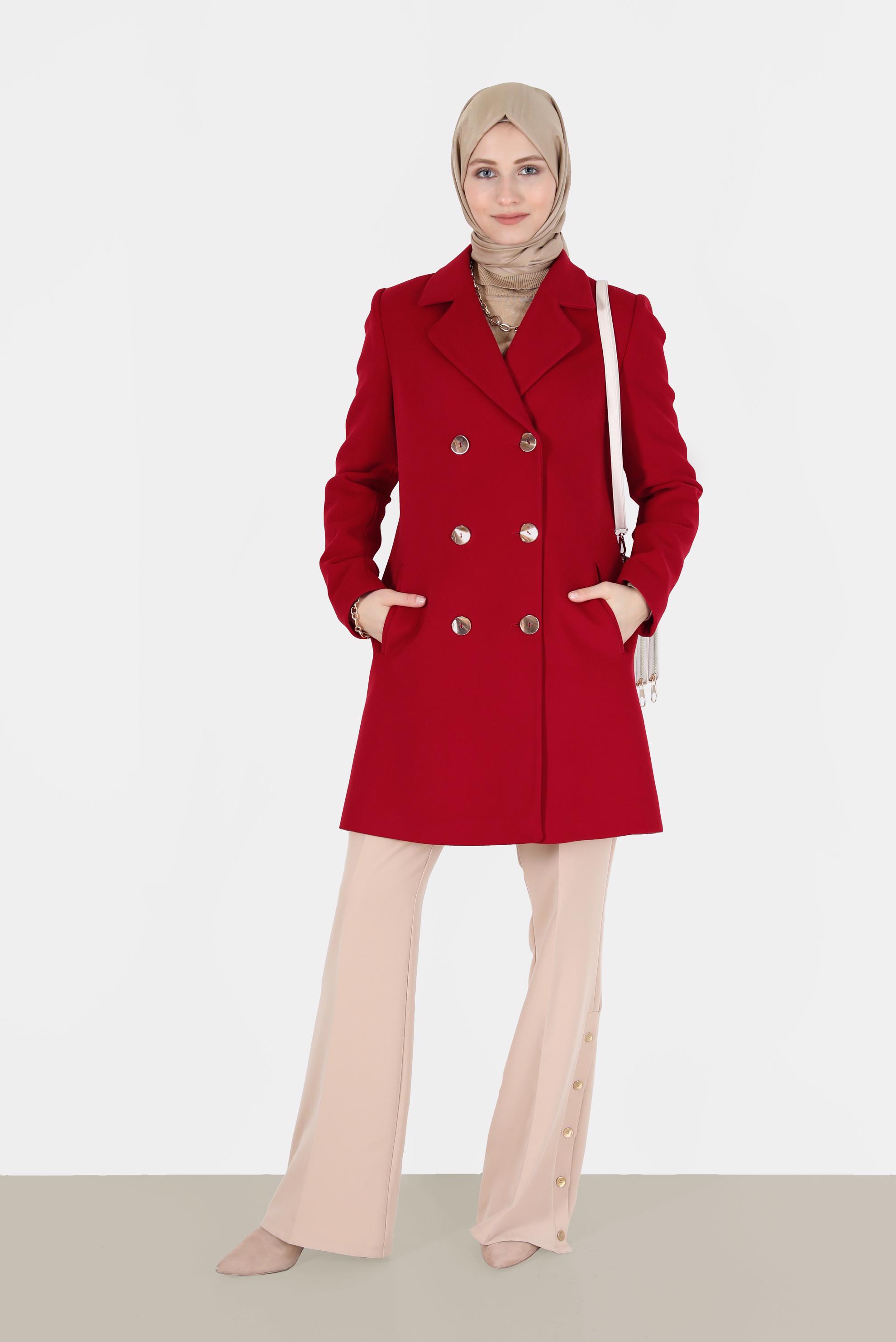 Vêtements hijab ROUGE CABAN EN LAINE À DEUX RANGÉES DE BOUTONS 90108 