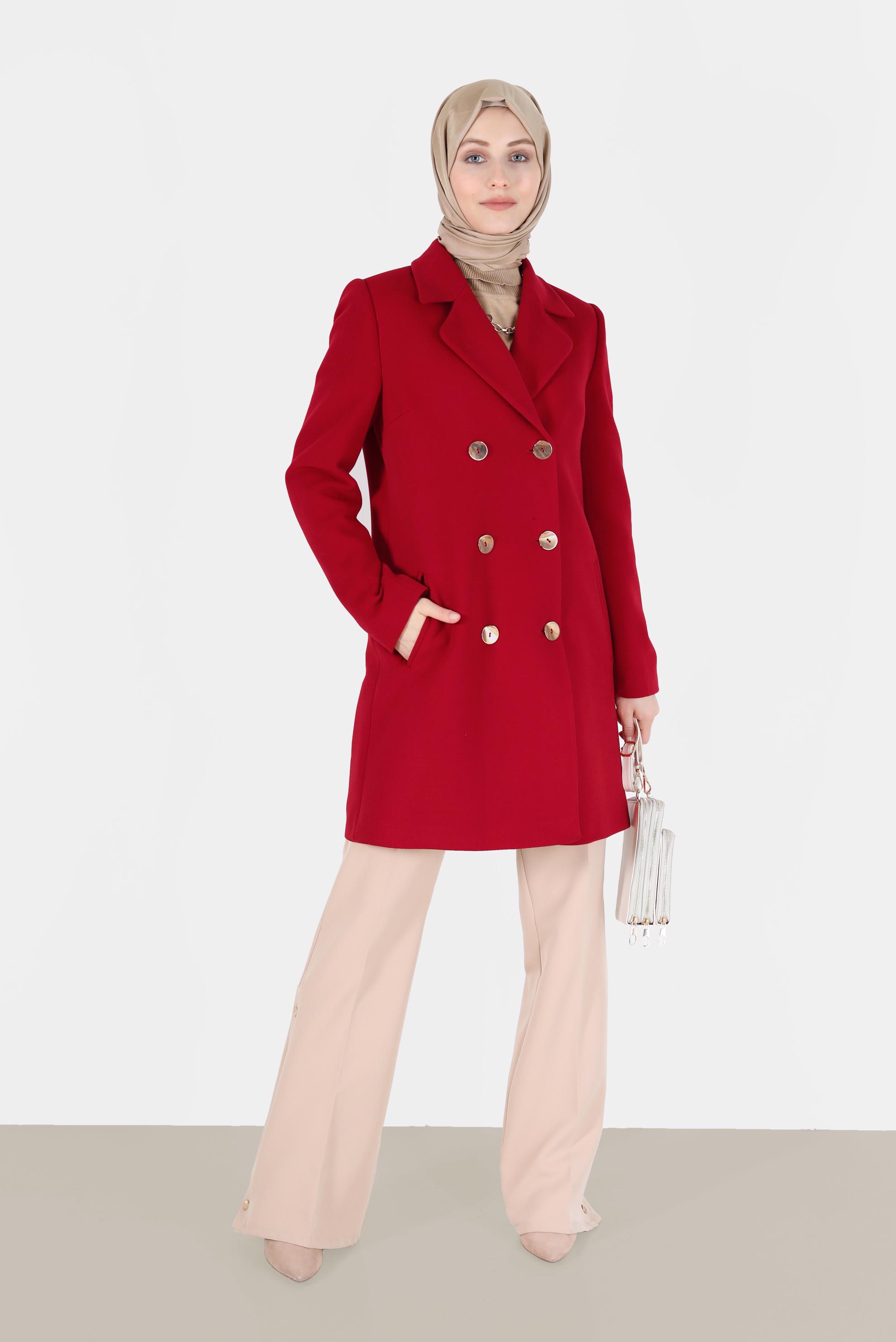 Vêtements hijab ROUGE CABAN EN LAINE À DEUX RANGÉES DE BOUTONS 90108 