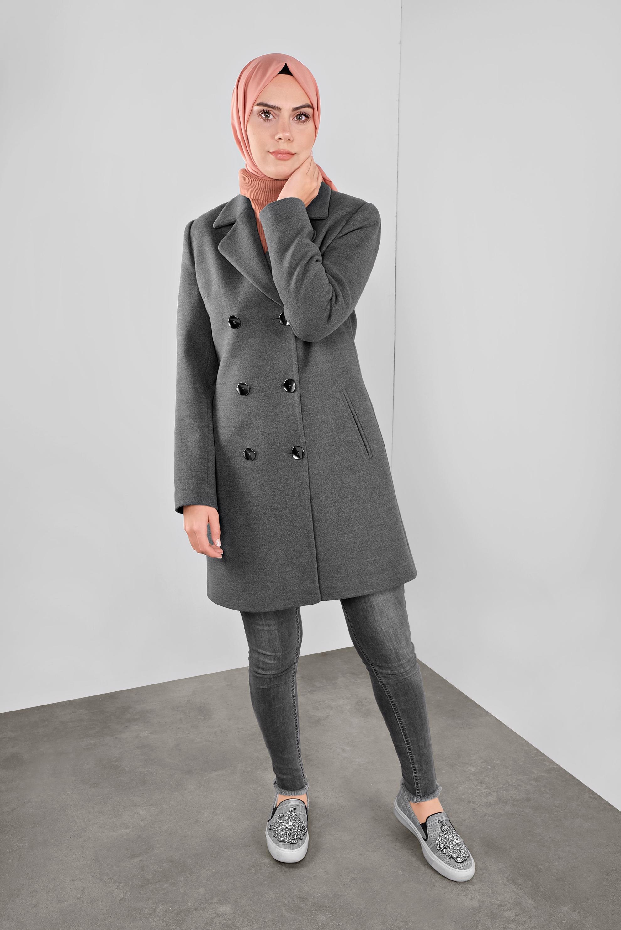 Tesettür giyim GRİ KRUVAZE YAKA KAŞE KABAN 90108