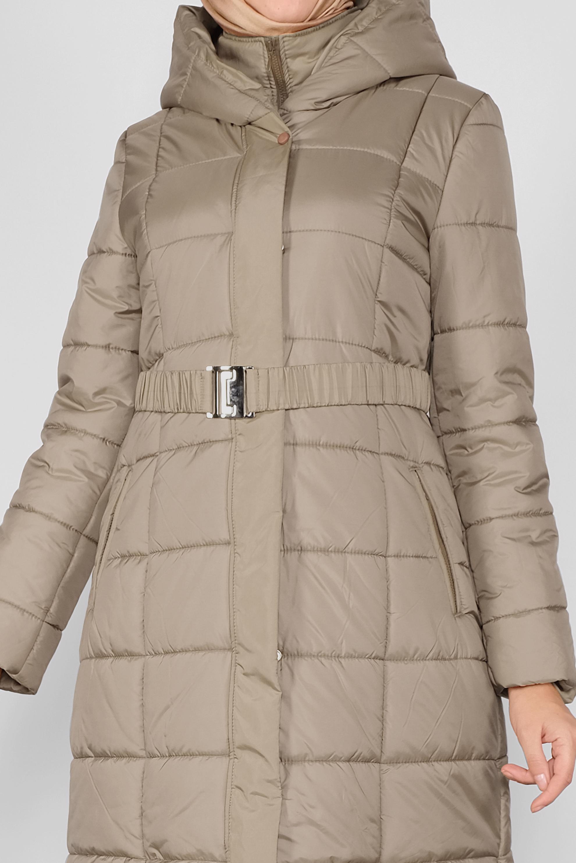 Tesettür giyim KAHVE KEMERLİ KAPÜŞONLU ŞİŞME KABAN 90109 